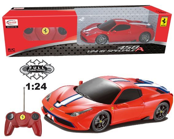 Czerwony zdalnie sterowany samochódzik Ferrari 458 w skali 1:24 z białymi i niebieskimi pasami.