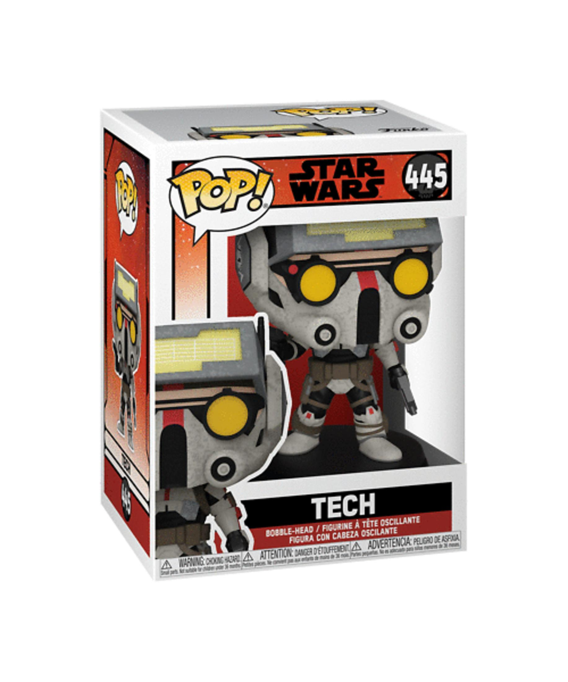 Funko Pop! Star Wars Figur von Tech in seiner Verpackung. Grau, gelb, rot.