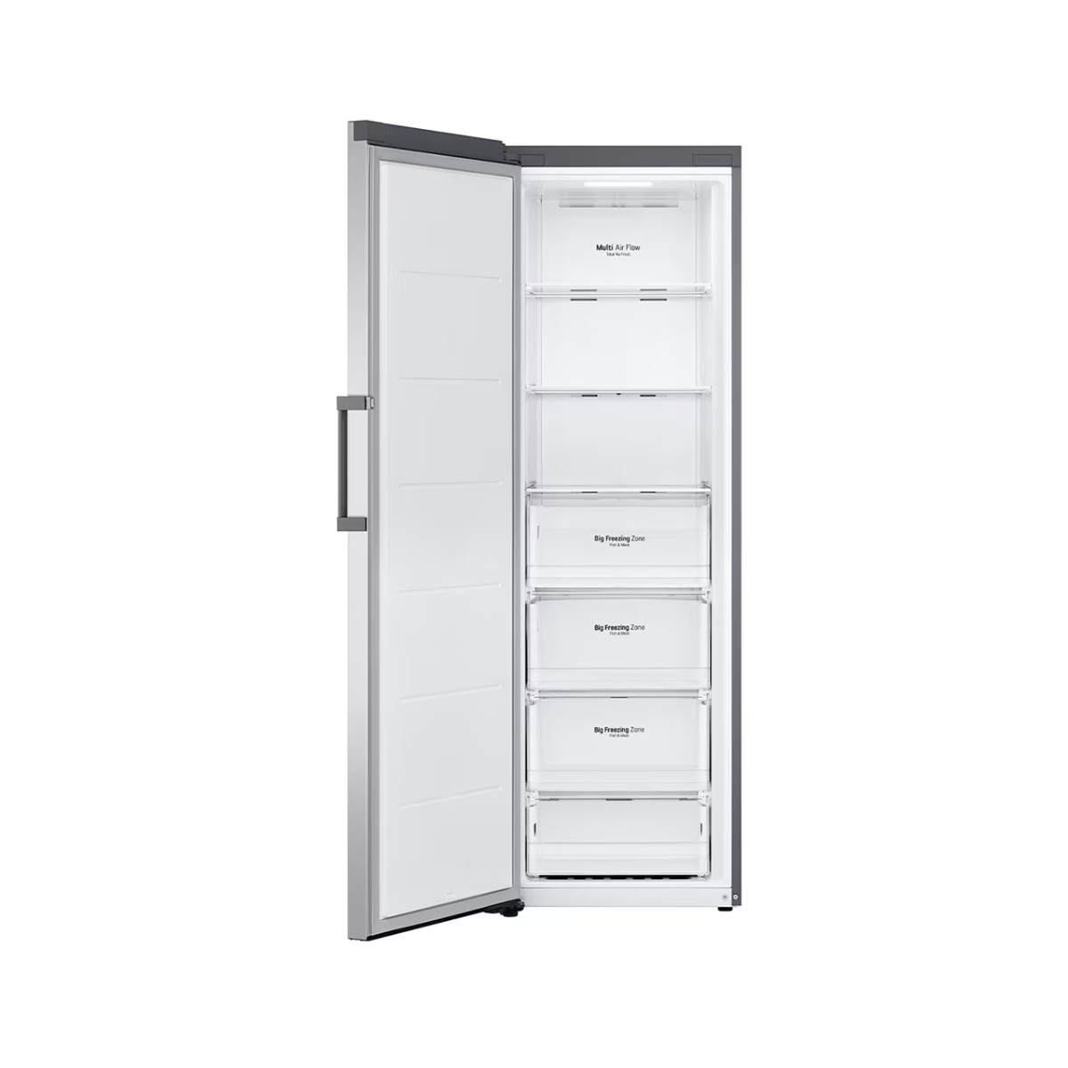 Ein offener, weißer Kühlschrank mit mehreren Schubladen und der Aufschrift 'Multi Air Flow'.