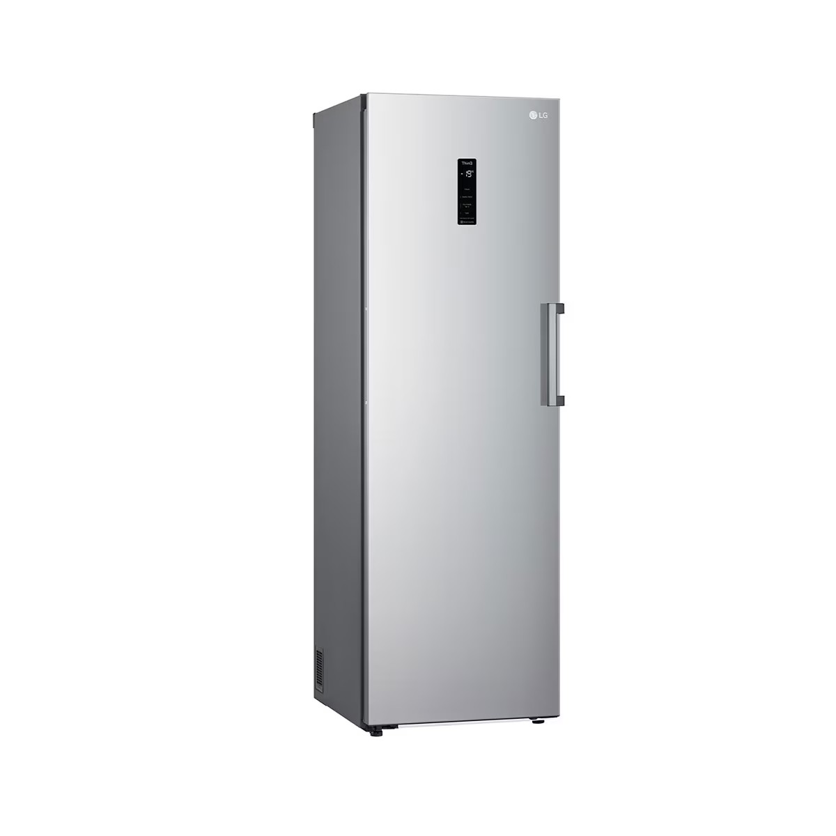 Ein schlanker silberner Kühlschrank mit einem digitalen Display auf der Vorderseite und einem Griff.