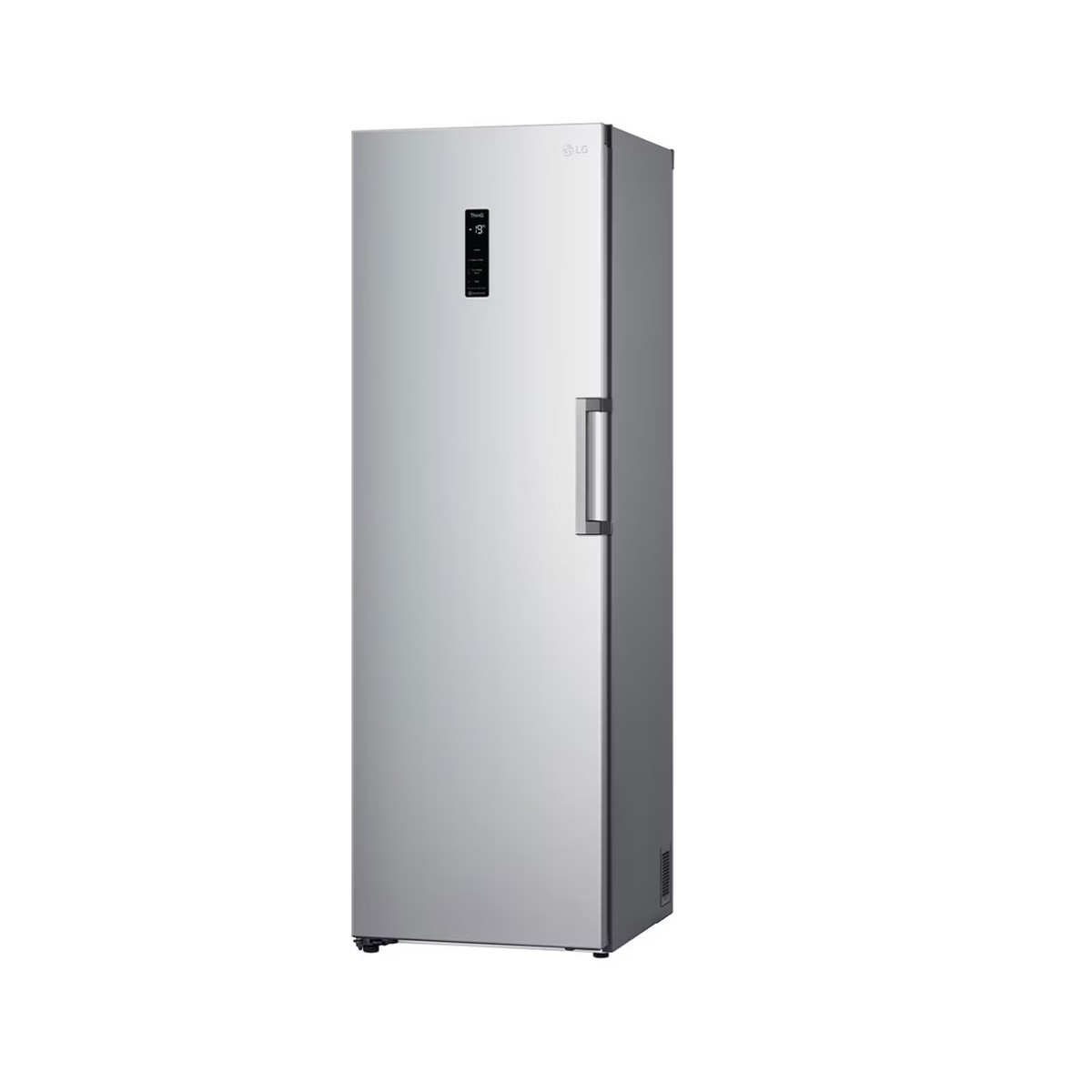 Ein schlanker, silberner LG Gefrierschrank steht auf weißem Hintergrund.