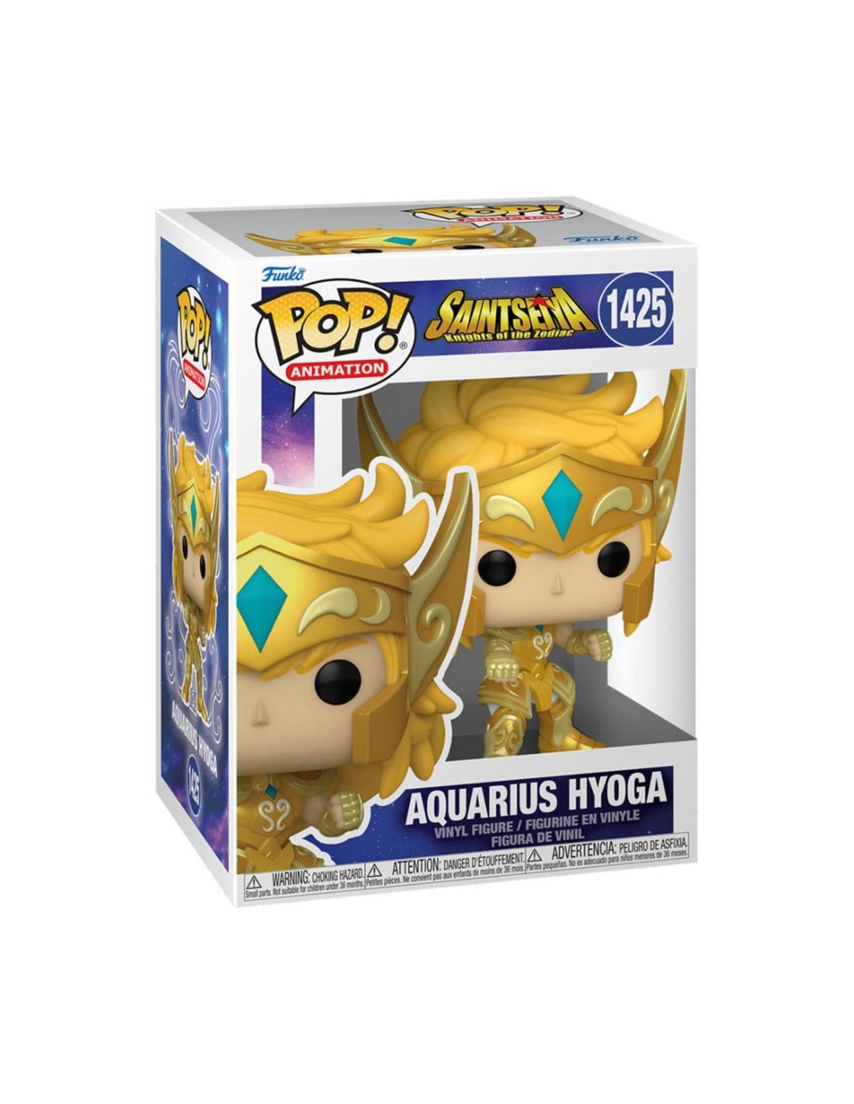 Action figure in vinile Funko Pop! Aquarius Hyoga in armatura dorata con elmo gioiello blu.