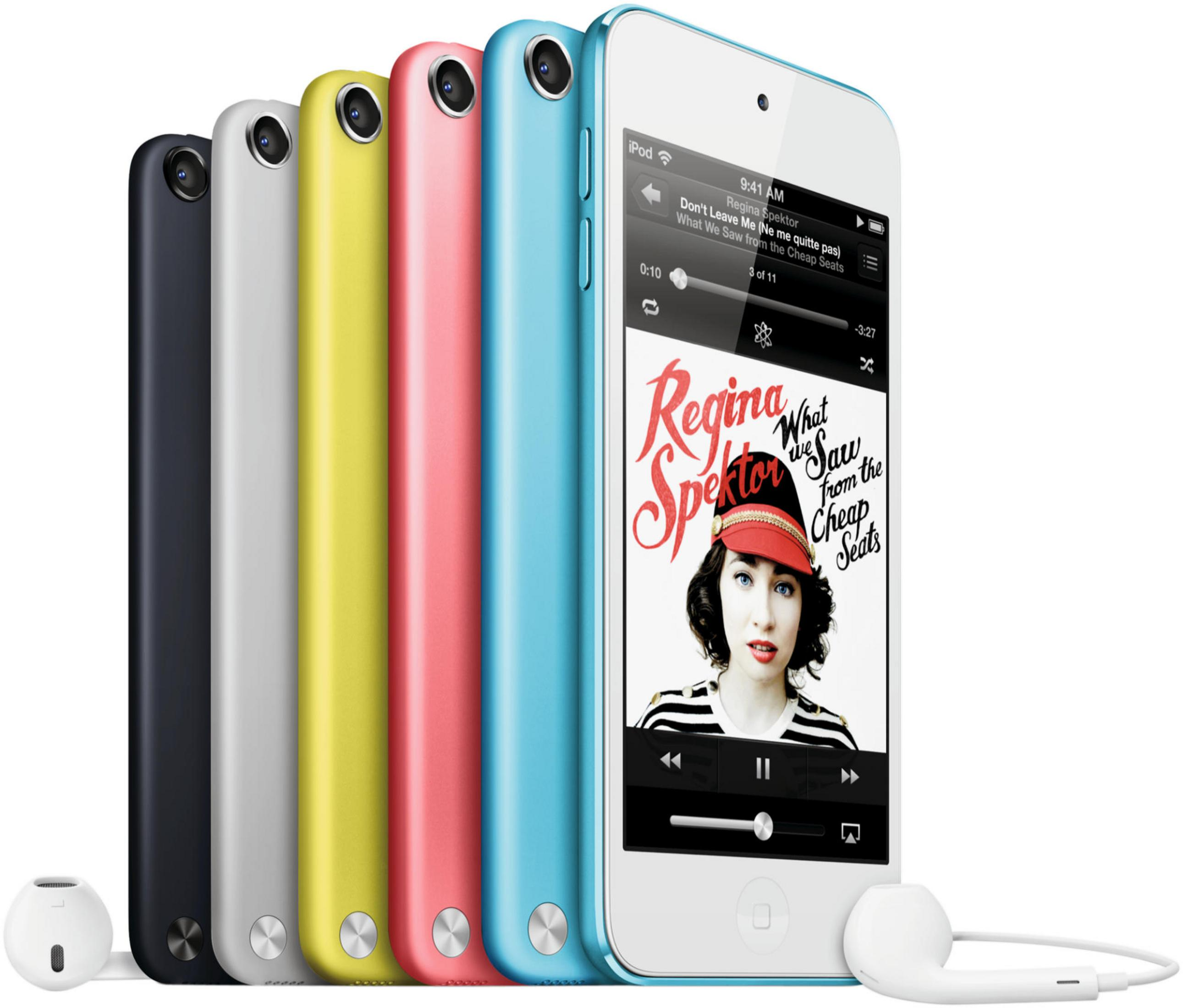 Fünf iPods in verschiedenen Farben, einer mit Musikwiedergabe-Bildschirm.