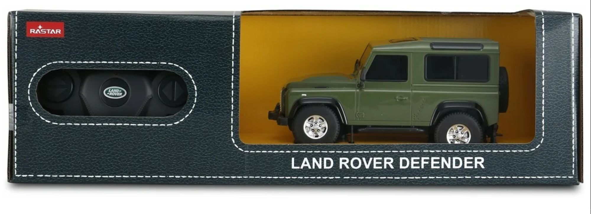 Zielony Land Rover Defender zabawka w opakowaniu z pilotem.