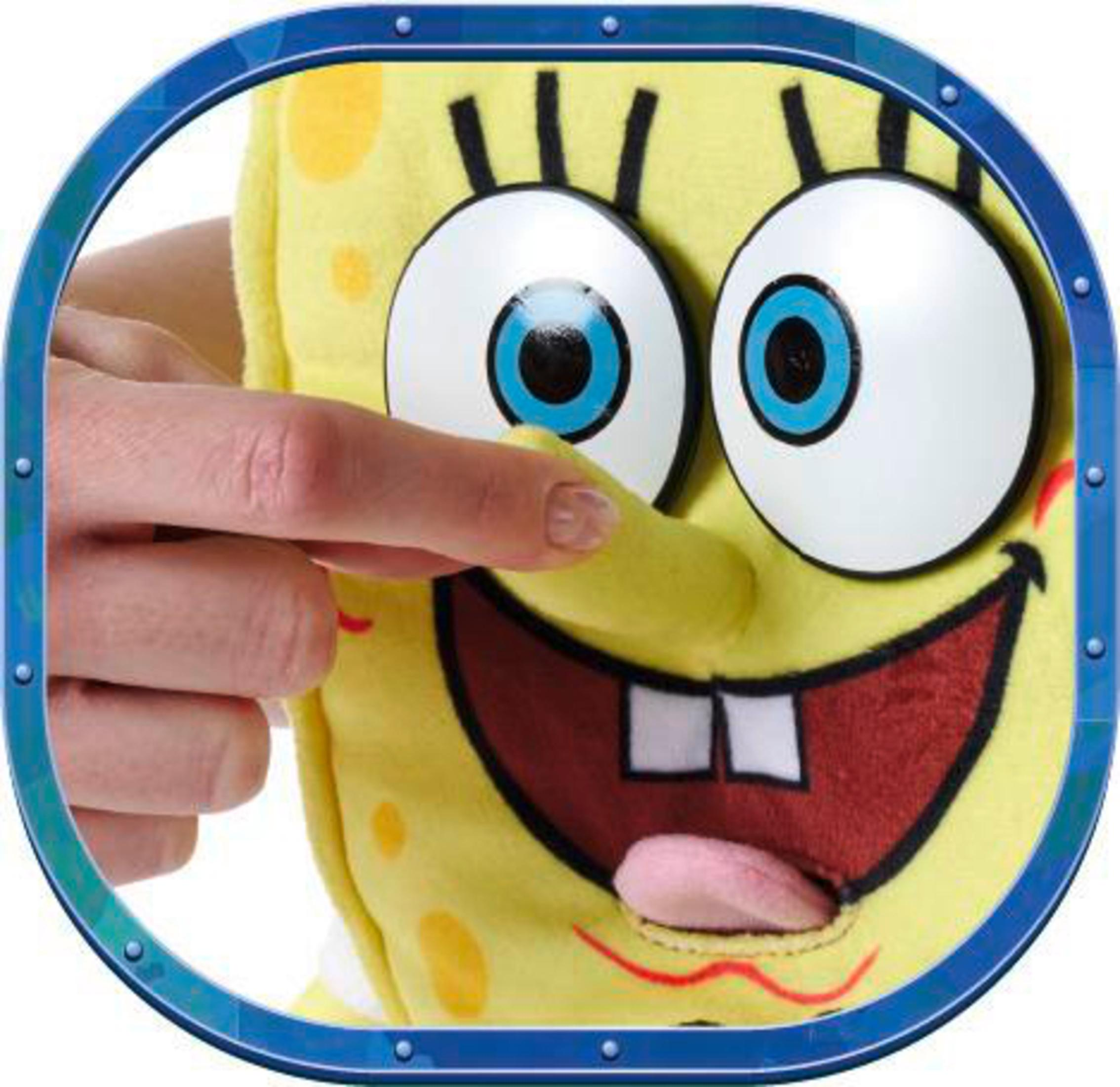 Ein Finger berührt die Nase von Spongebob Schwammkopf. Der Charakter ist gelb mit großen Augen.