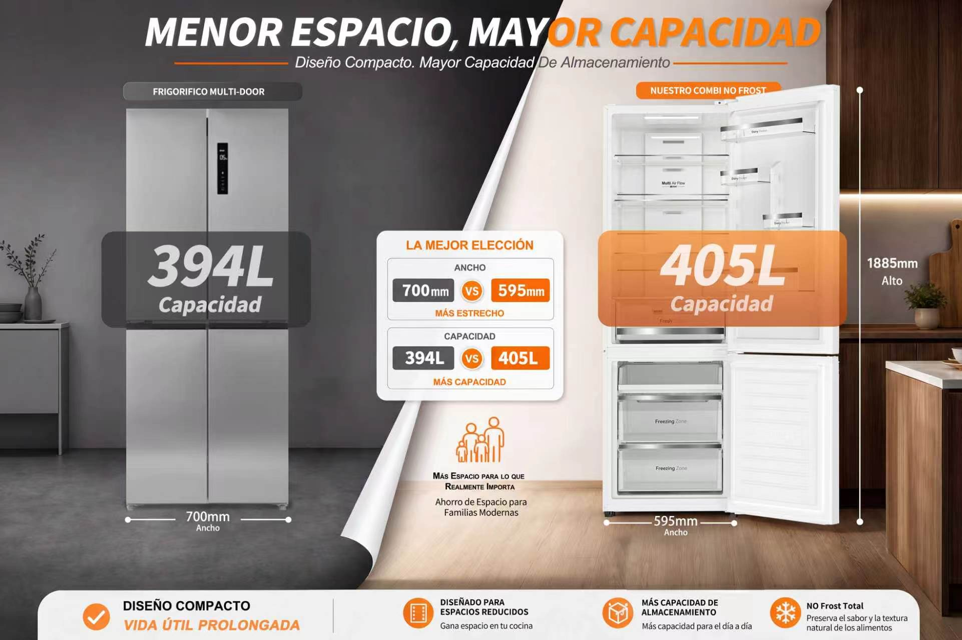 Un elegante frigorífico plateado de doble puerta con 394L de capacidad y congelador abierto.