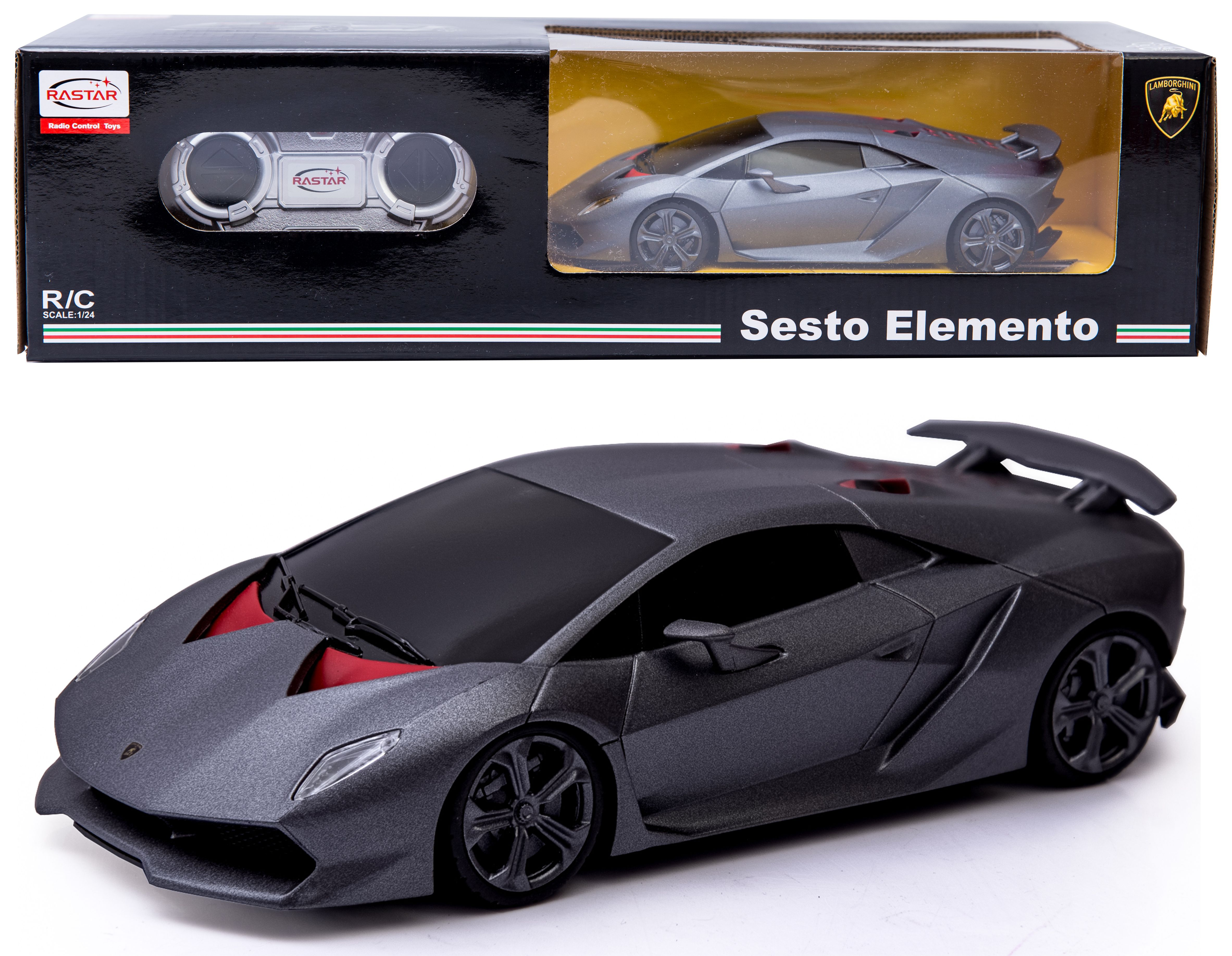 Szara zabawka samochodowa na radio, Lamborghini Sesto Elemento, w pudełku.