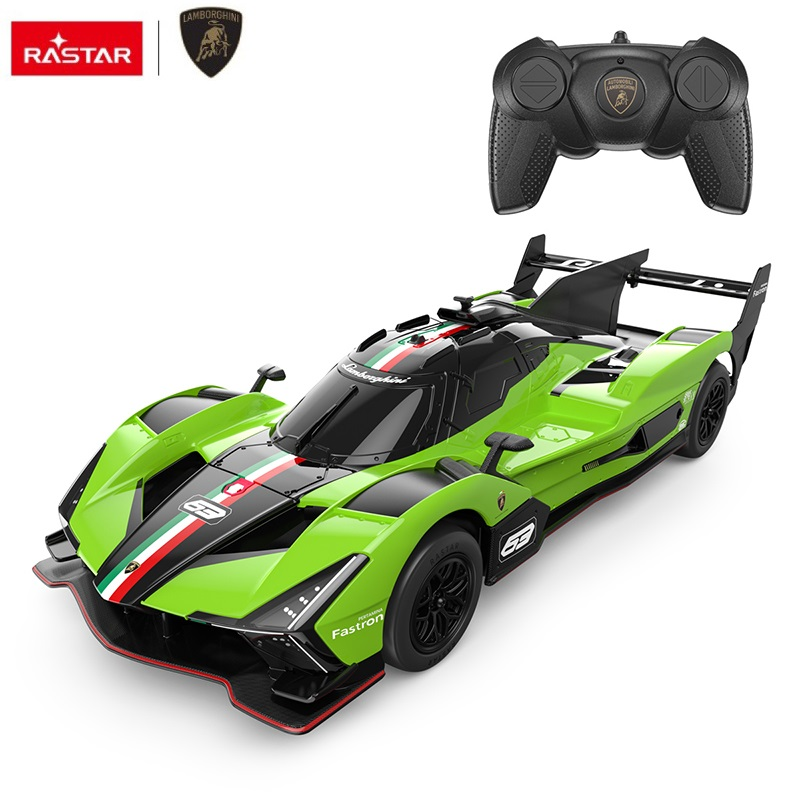 Zielony, zdalnie sterowany samochód wyścigowy Lamborghini z czarnymi akcentami i pilotem.
