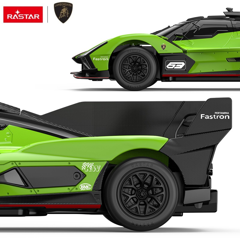 Limonkowozielony samochódzik Lamborghini z czarnymi akcentami i logo sponsorów.