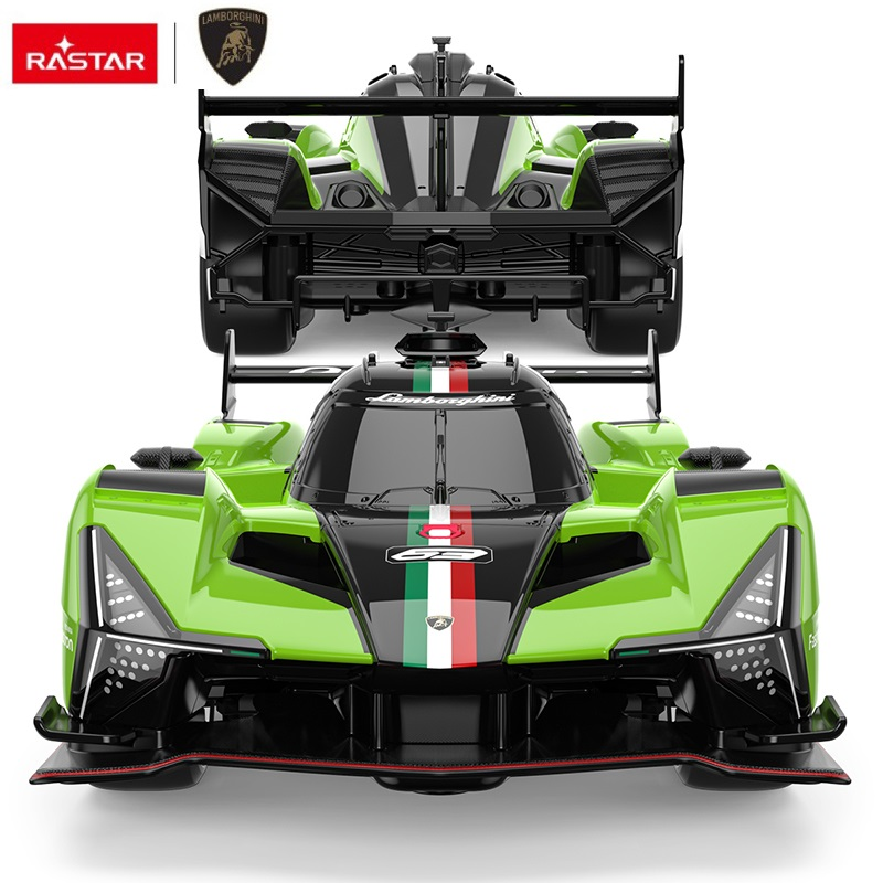Zielony samochód wyścigowy Lamborghini z czarnymi akcentami i paskami.