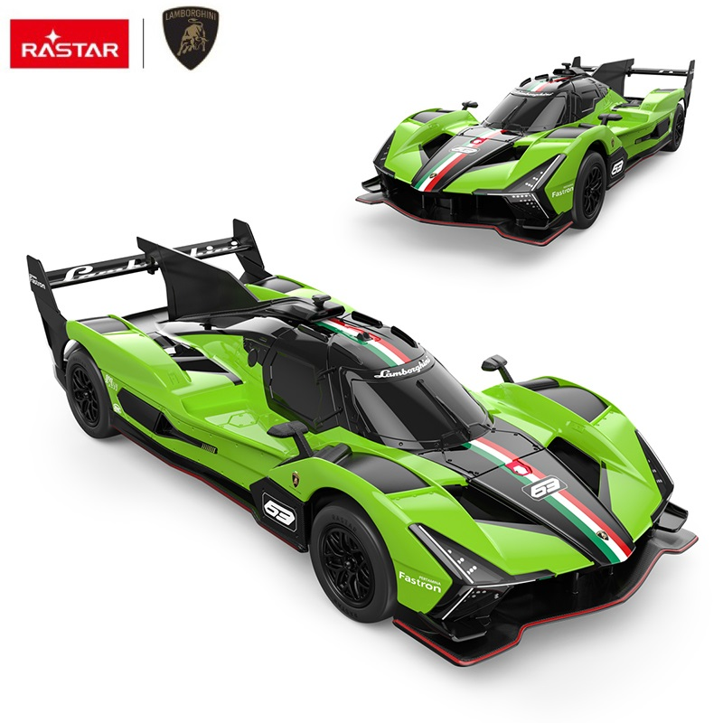 Dwa zielone samochody zabawkowe Lamborghini z czarnymi akcentami i numerem 63 na białym tle.