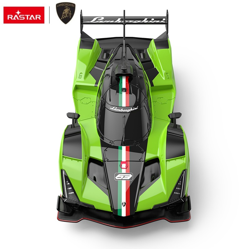 Jasnozielony samochód wyścigowy Lamborghini z czarnymi akcentami i włoskimi pasami w barwach narodowych.