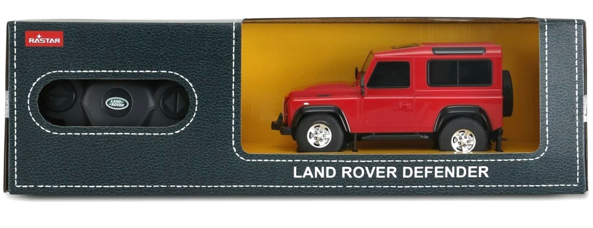 Czerwony Land Rover Defender zabawkowy z pilotem w opakowaniu.