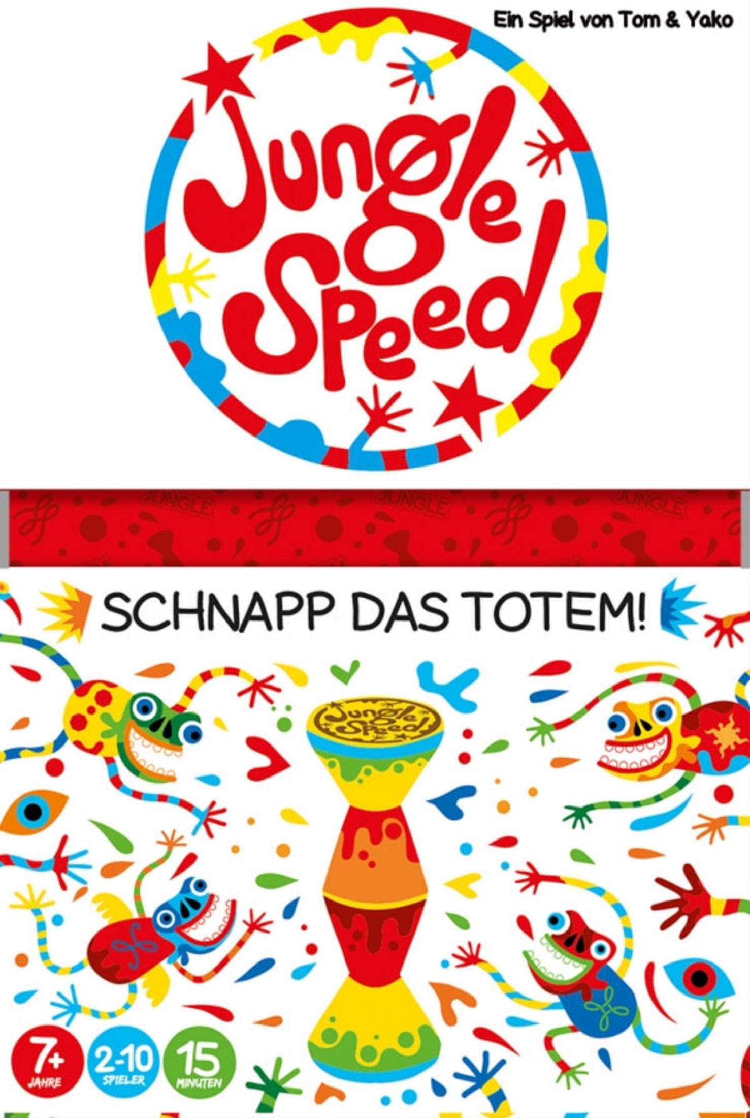 Bunt gestaltete Spielbox für Jungle Speed mit Totem-Grafik und Spielfiguren.