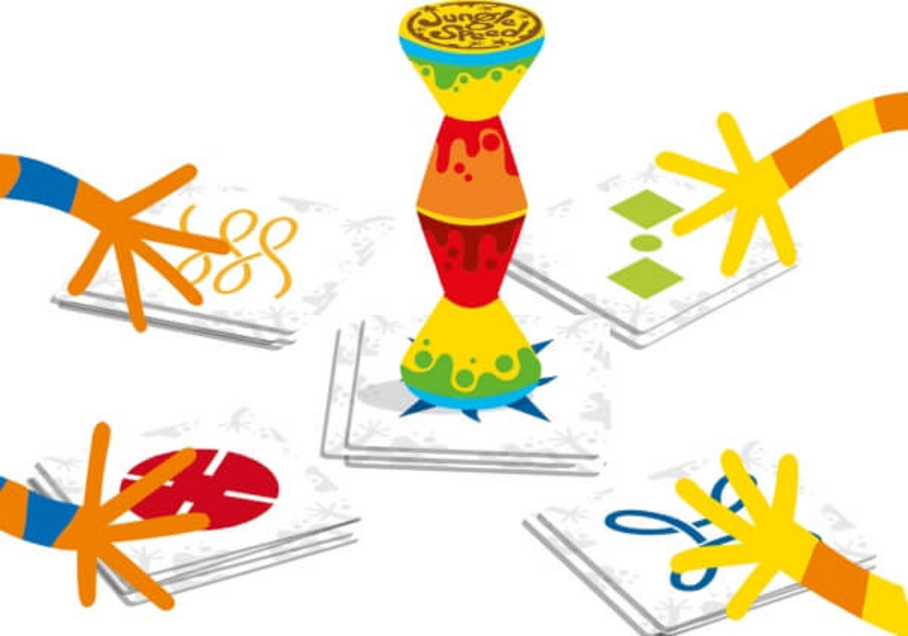 Bunte Spielsteine und Karten mit Symbolen, ein Turm in der Mitte.