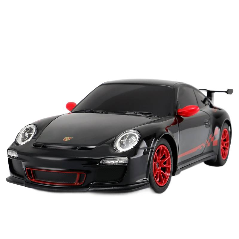 Czarny Porsche z czerwonymi akcentami i felgami. Białe tło.