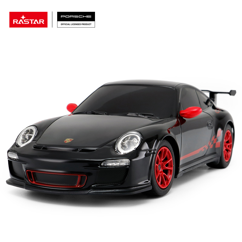 Czarny samochód zdalnie sterowany Porsche z czerwonymi akcentami.
