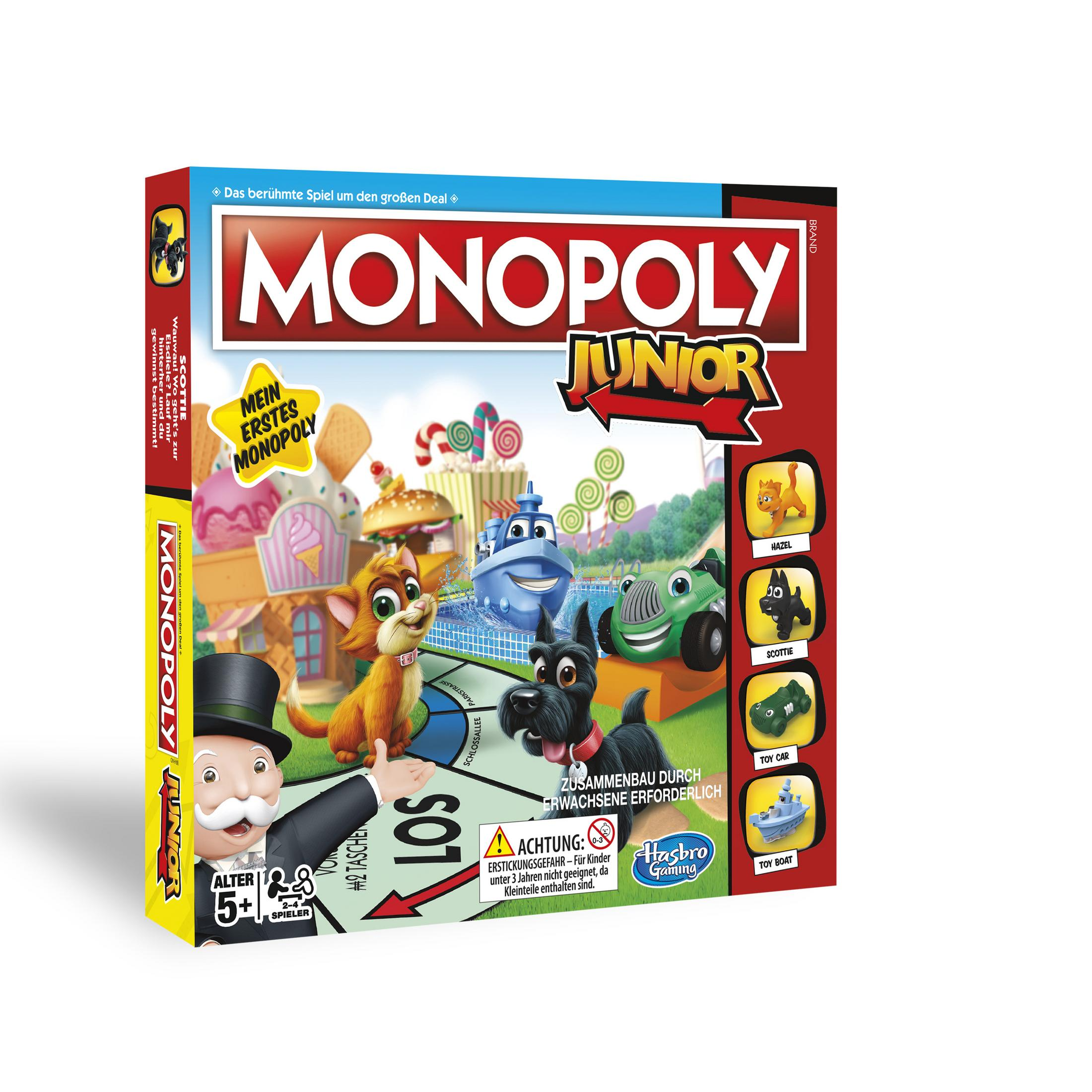 Monopoly Junior Brettspiel mit Tieren, Autos und Süßigkeiten-Thema.