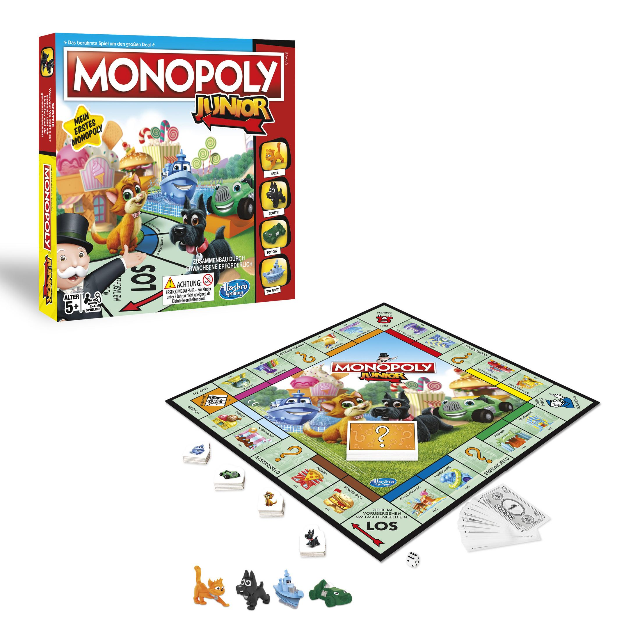 Monopoly Junior Spielbrett mit Figuren: Katze, Hund, Boot, Auto. Spielkarten und Geld.