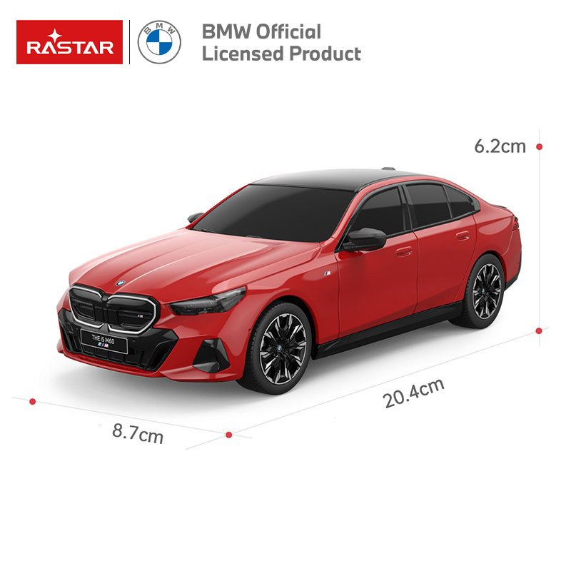 Czerwony zdalnie sterowany samochód BMW z czarnymi kołami i czarnym dachem.