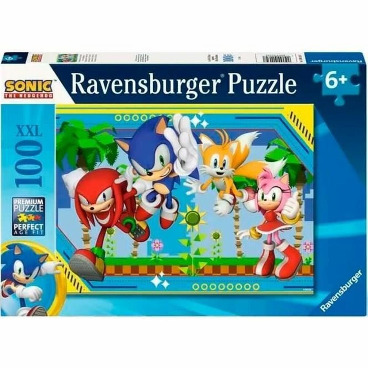 Ravensburger Puzzel: Sonic, Tails, Knuckles en Amy Rose voor groene achtergrond.