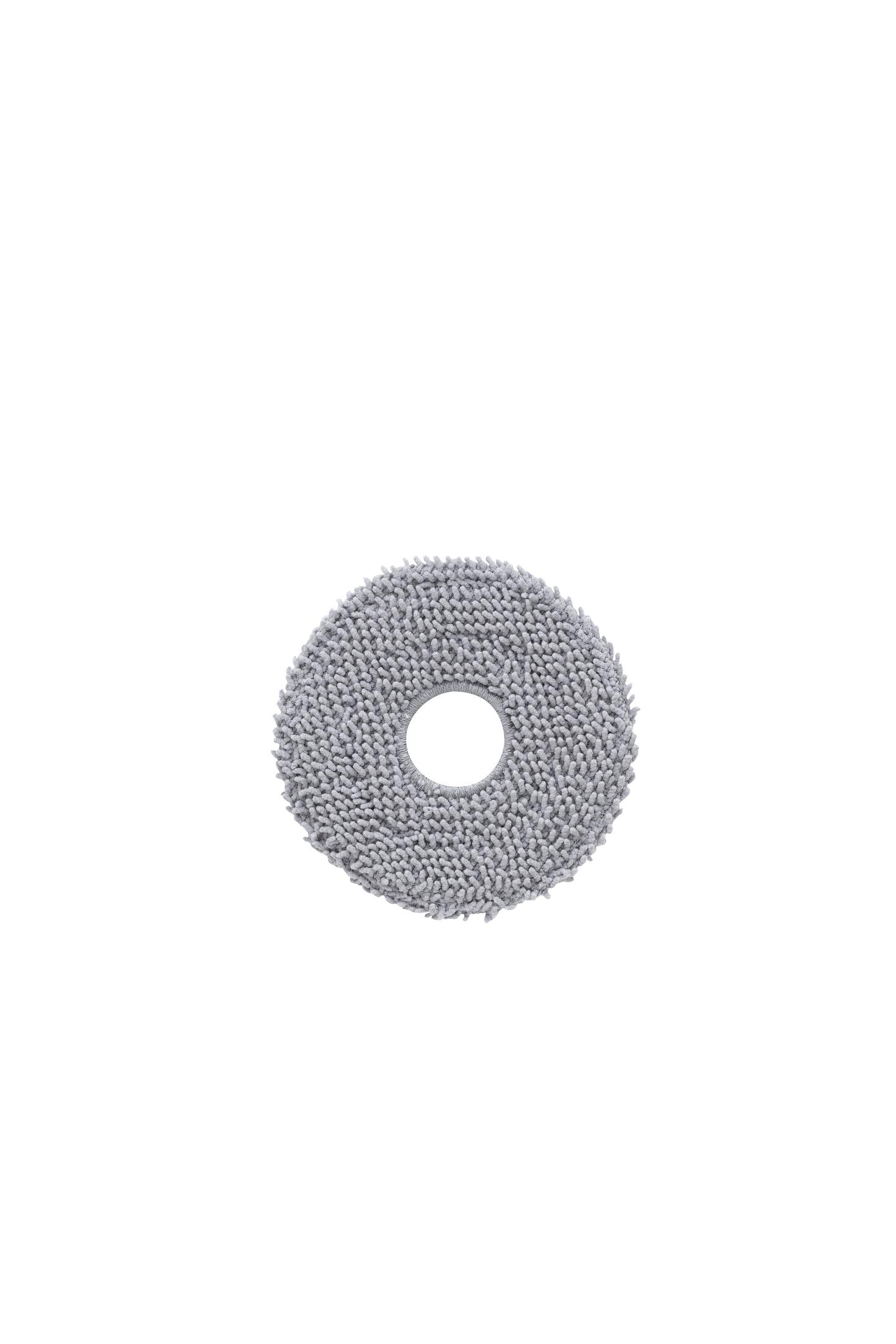 Una testa dello straccio rotonda grigia con setole in microfibra e un foro centrale.