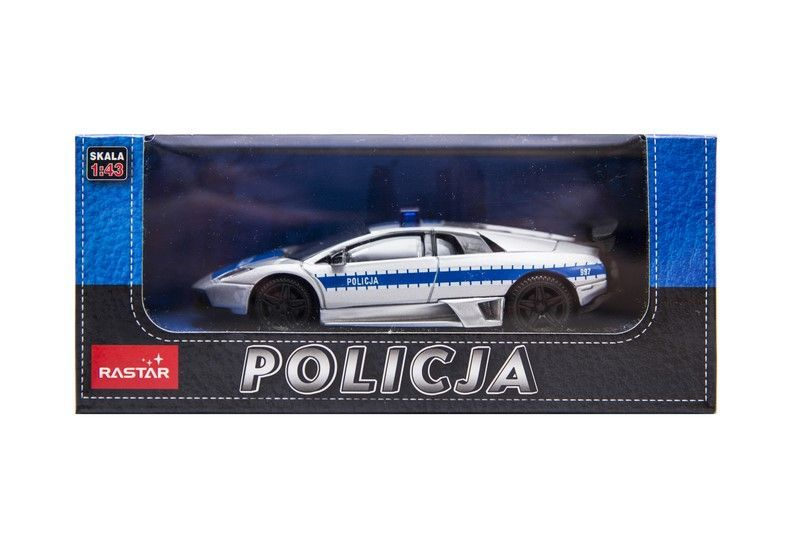 Biały radiowóz zabawkowa z niebieskimi pasami, w opakowaniu.