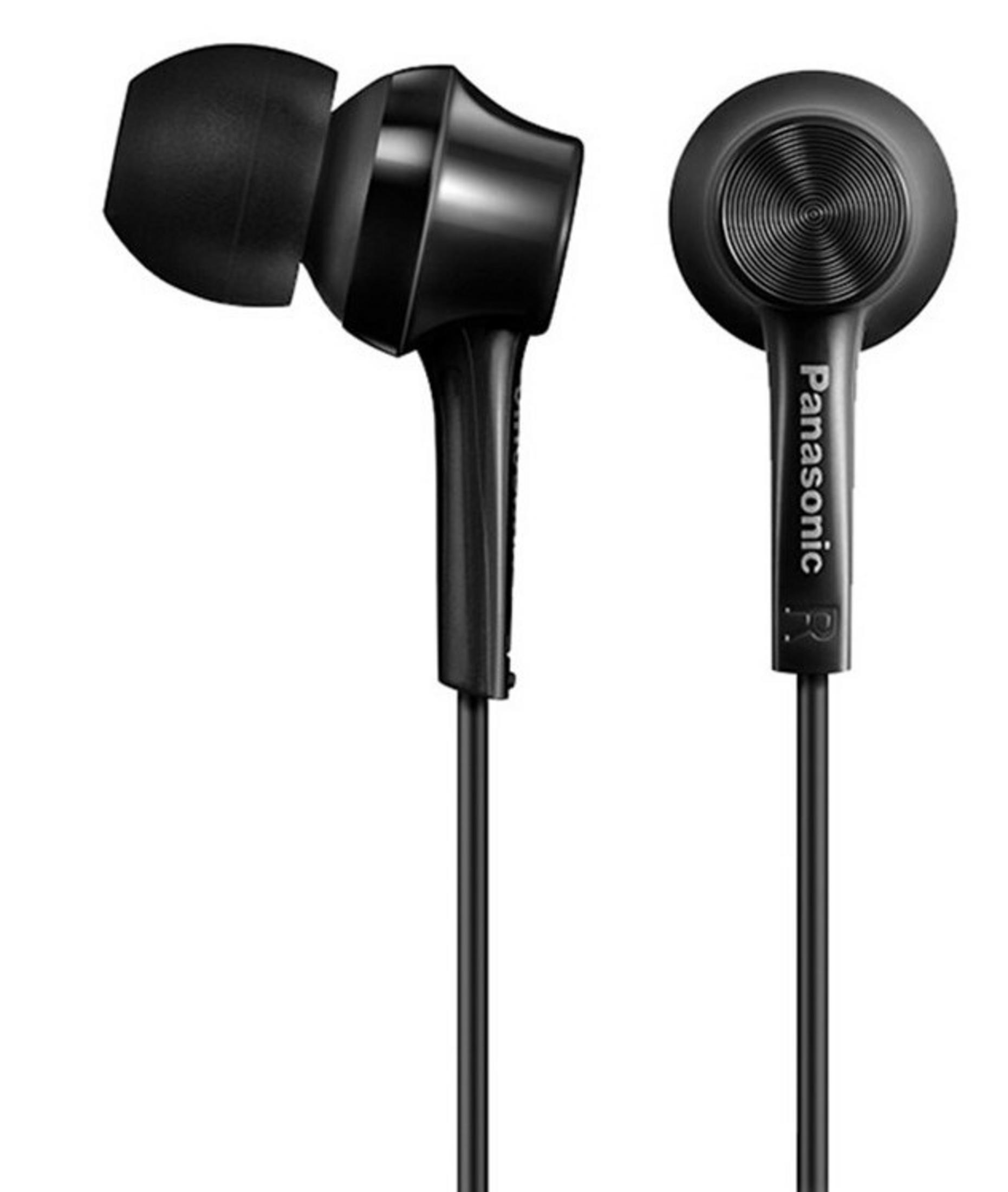 Auricolari in-ear cablati Panasonic neri, con segno R sull'auricolare destro.