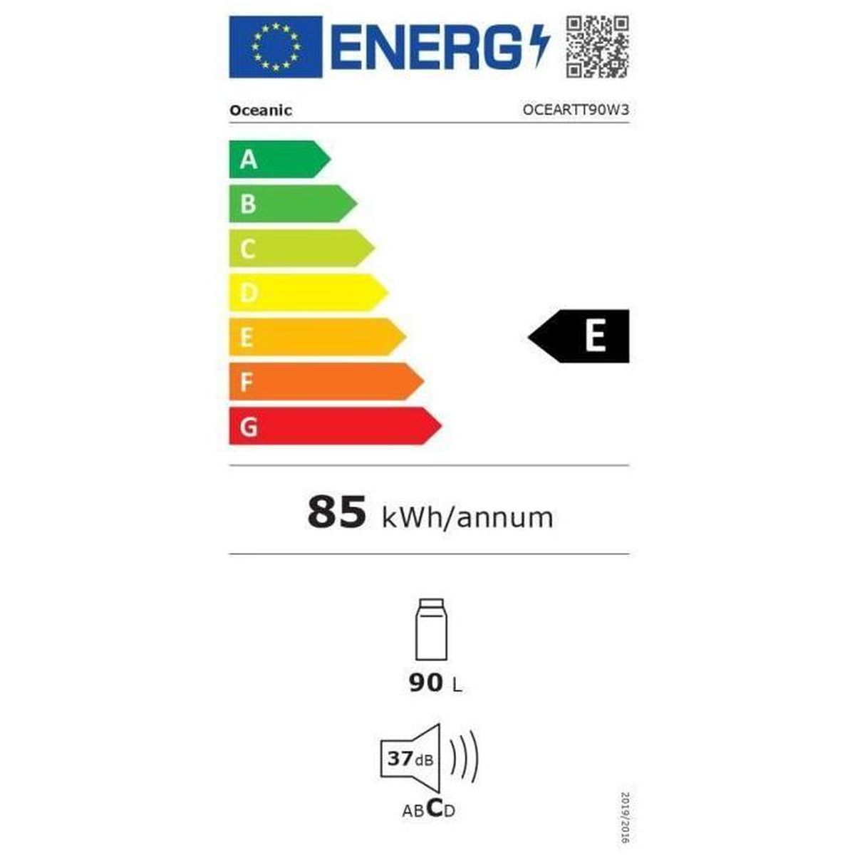 Etiqueta de eficiencia energética clase E, 85 kWh/año, 90L capacidad, 37dB ruido.