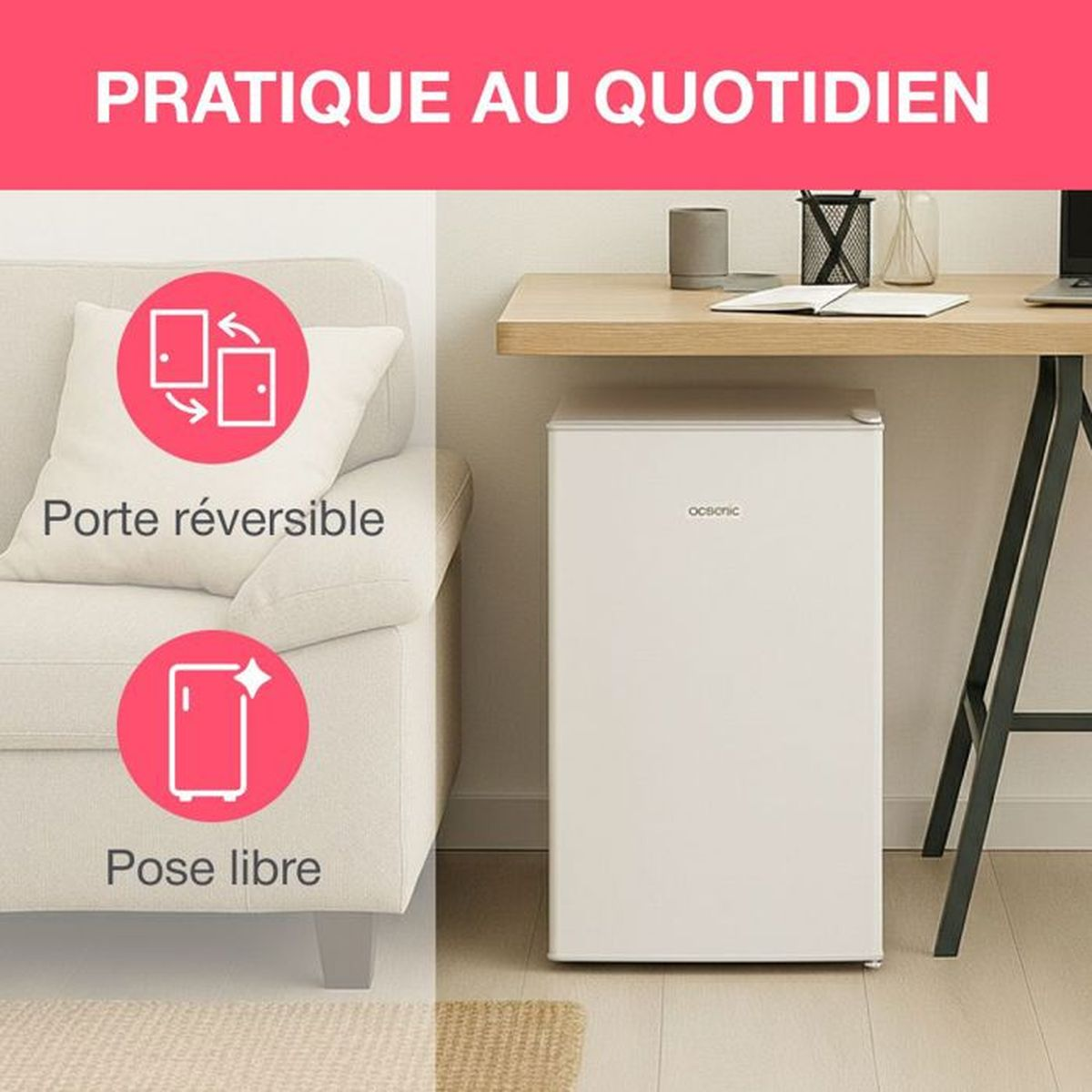 Un refrigerador blanco junto a un sofá, con iconos de puerta y ubicación libre.