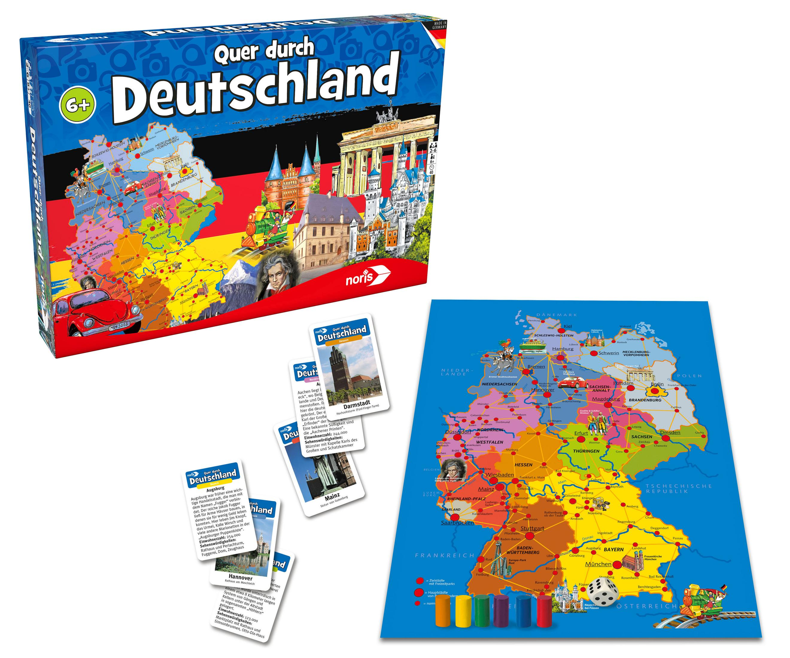 Brettspielbox mit Karte von Deutschland, Sehenswürdigkeiten und Spielsteinen.