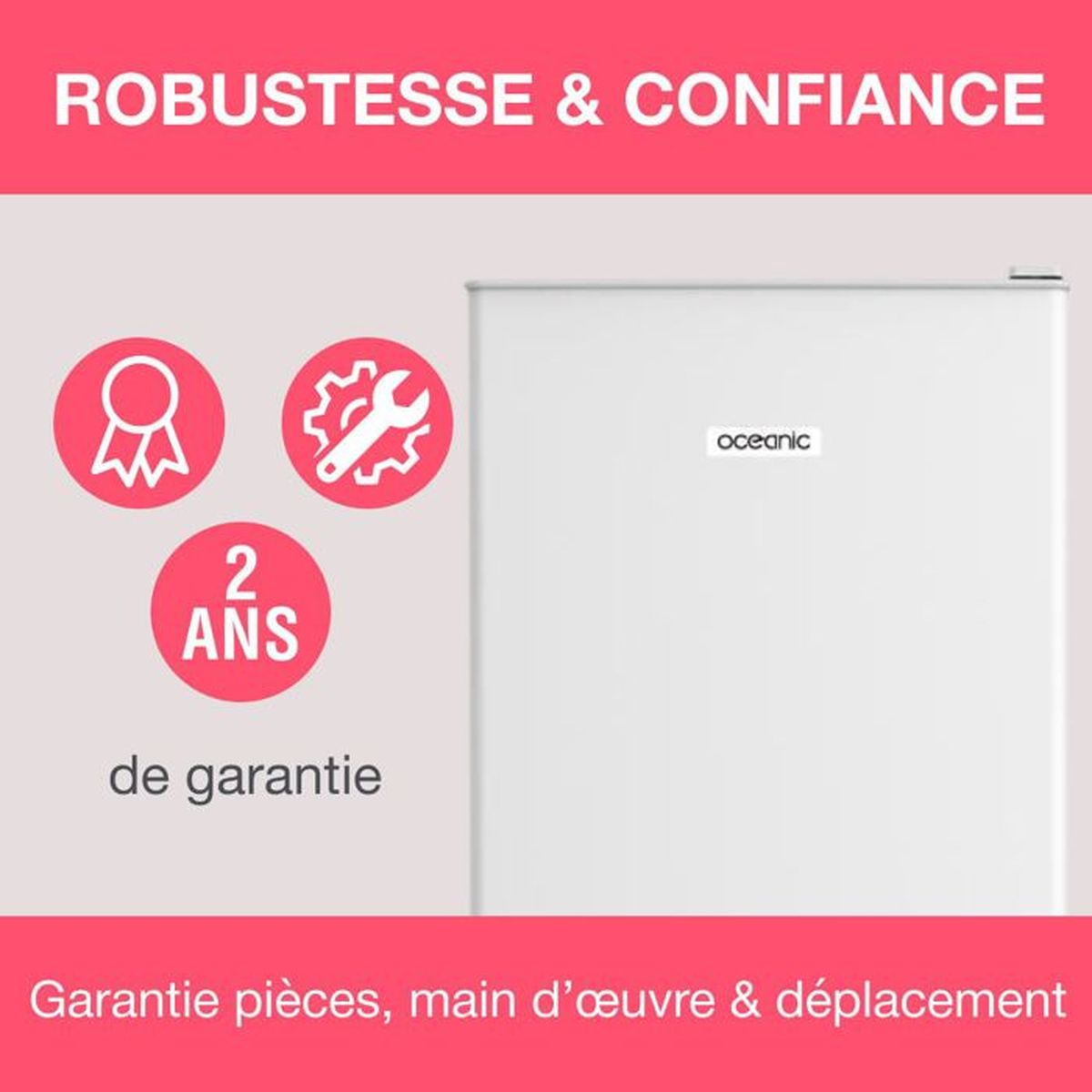 Un refrigerador blanco con iconos y texto de garantía.