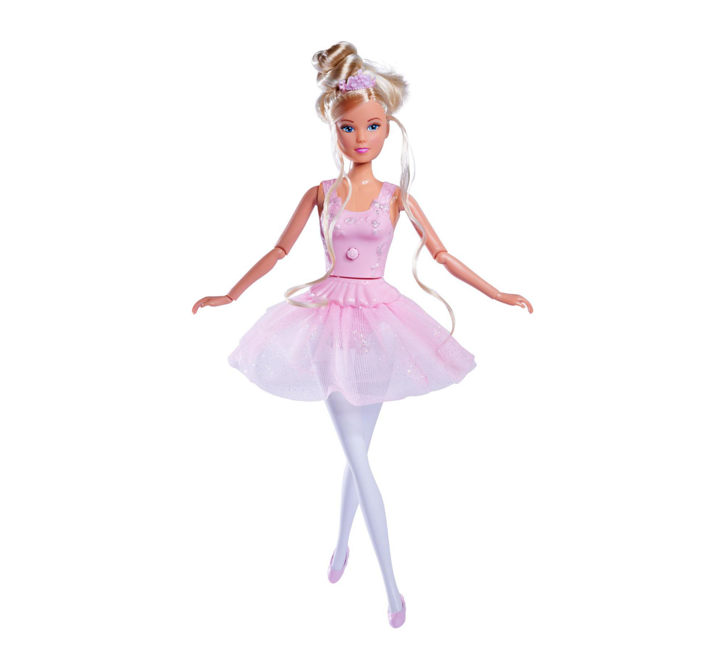 Eine Barbie-Puppe in rosa Tutu und weißen Strumpfhosen tanzt.