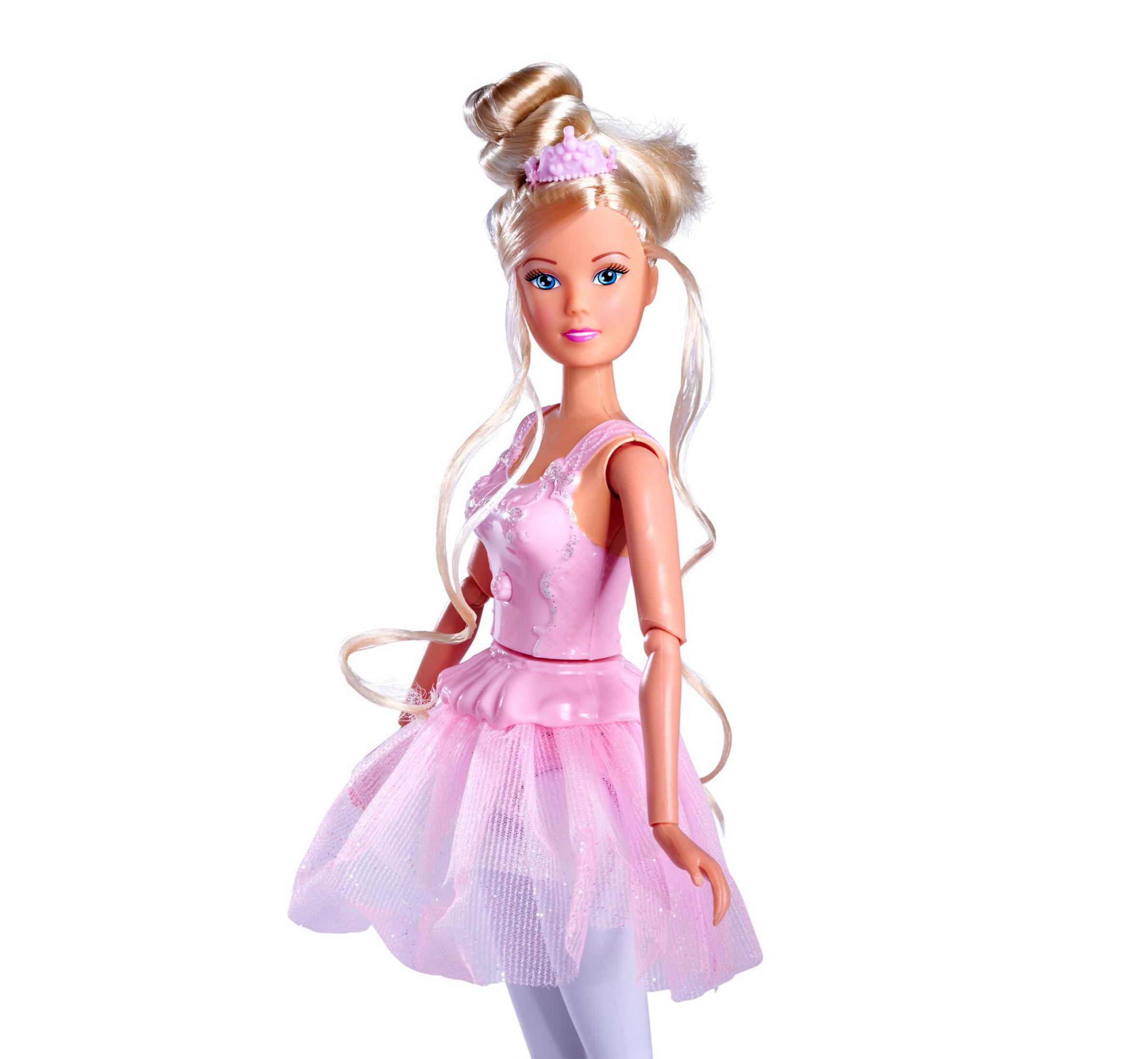 Eine Ballerina-Puppe mit blondem Haar in einem rosa Tutu und weißen Strümpfen.