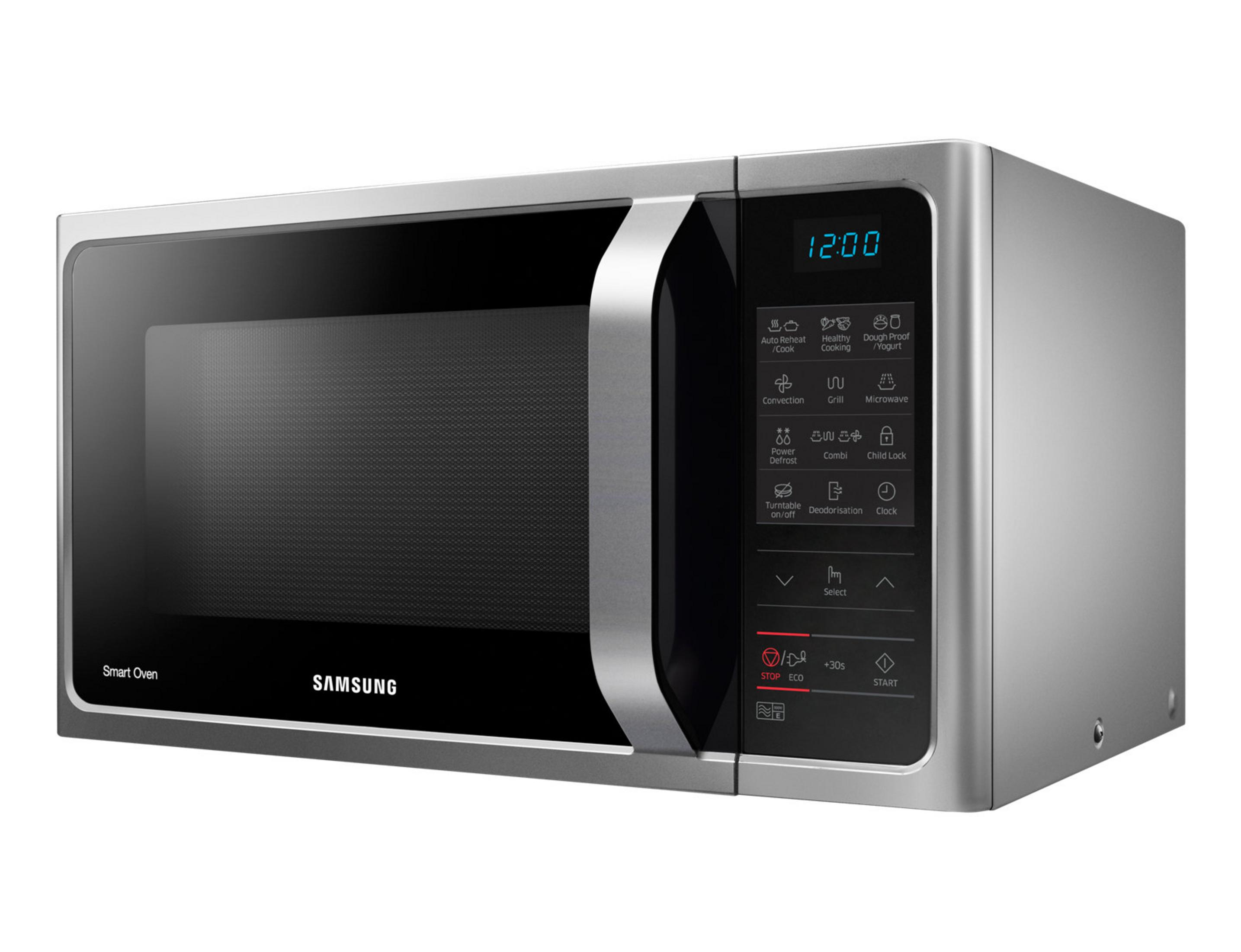 Un forno intelligente Samsung argento con display digitale e pannello di controllo.