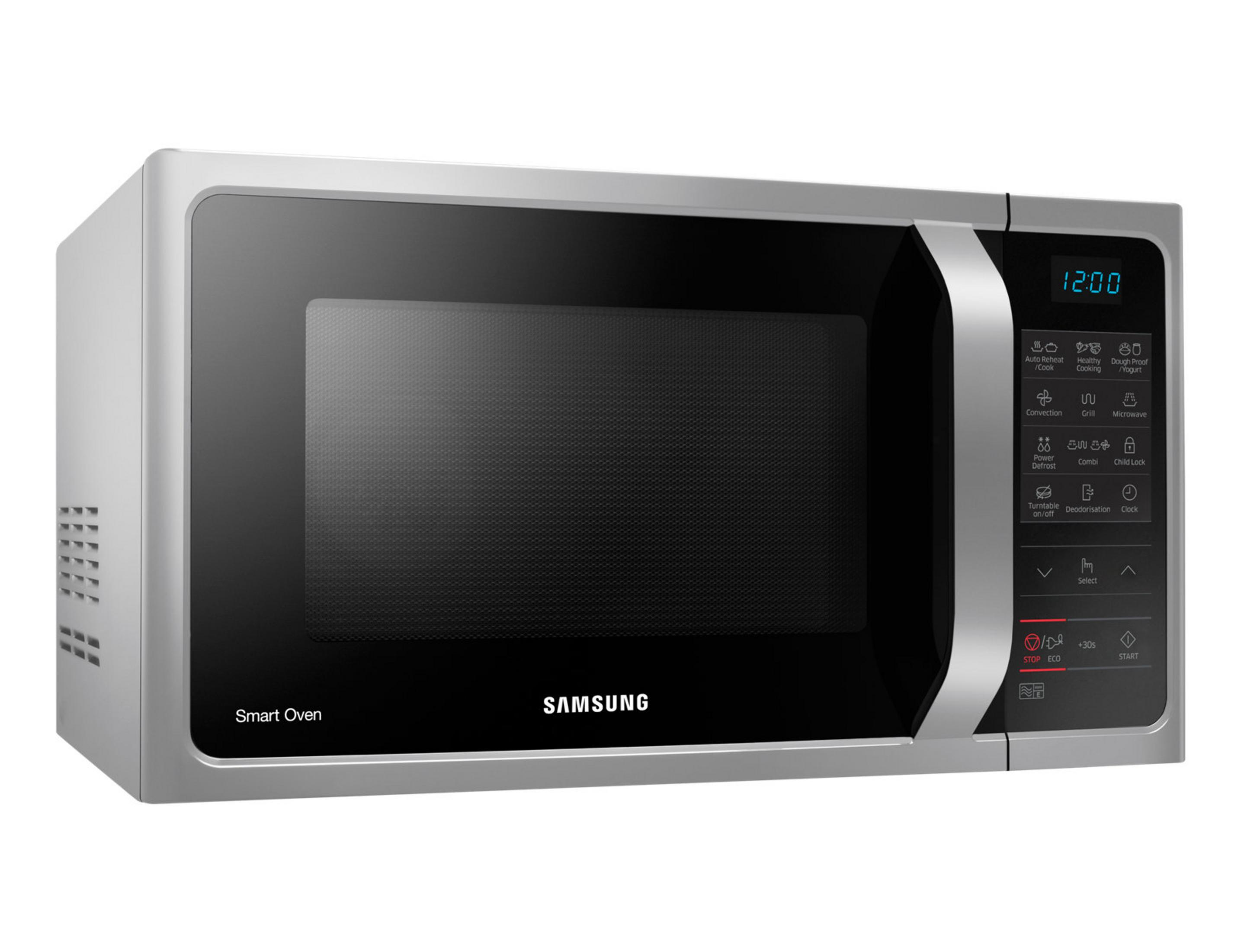 Forno Smart Samsung argento con display digitale e pannello di controllo.