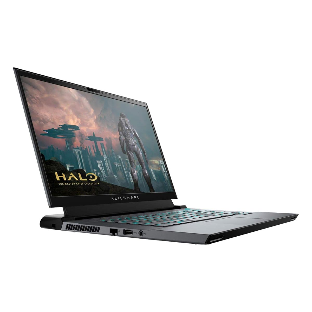 Alienware-Laptop zeigt Halo Master Chief Collection mit Charakter und Raumschiff.