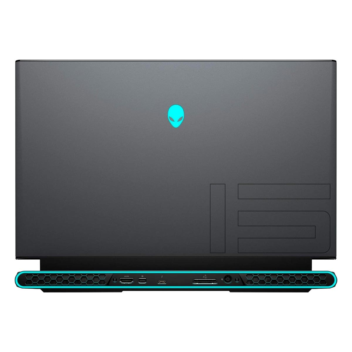 Ein geschlossener schwarzer Laptop mit Alien-Kopf-Logo und blauer Beleuchtung.