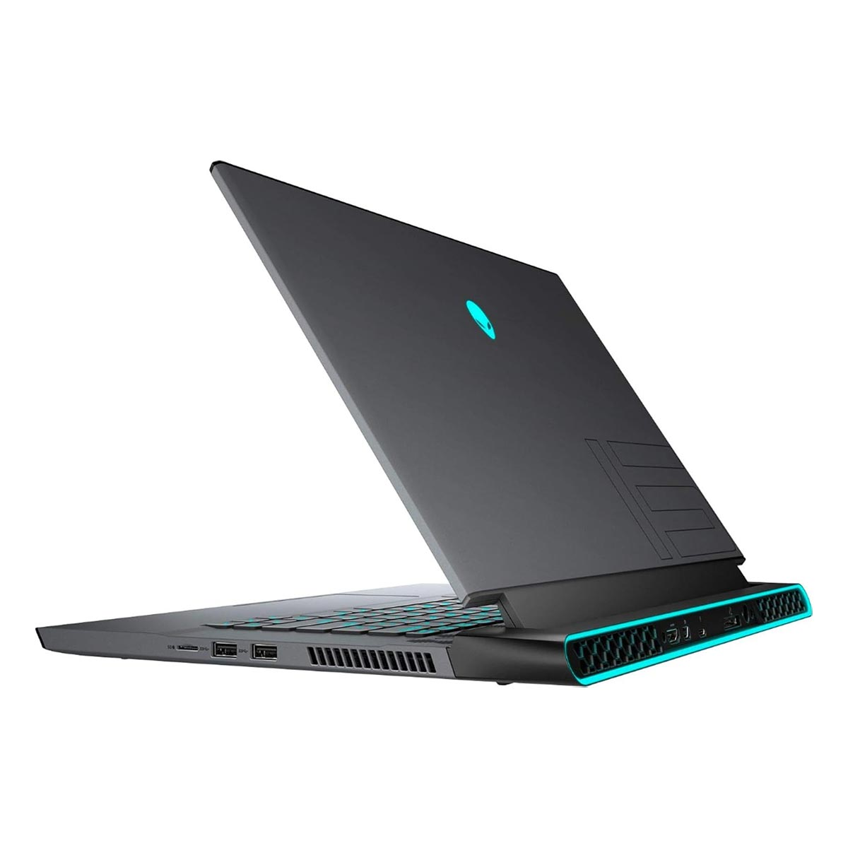 Schwarzer Laptop mit blauem Alien-Logo und beleuchteter Tastatur.