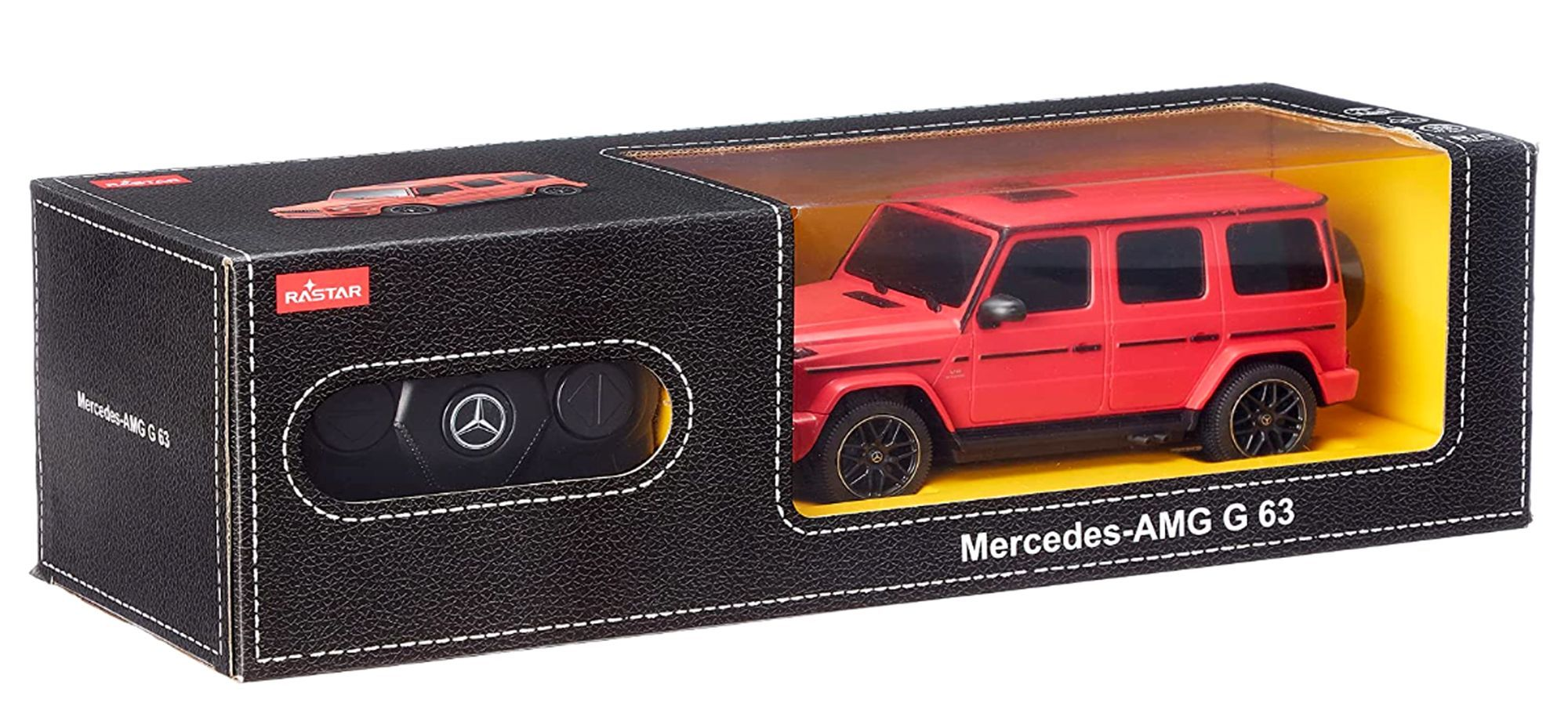 Czerwony zabawkowy Mercedes-AMG G 63 z pilotem w czarnym opakowaniu.