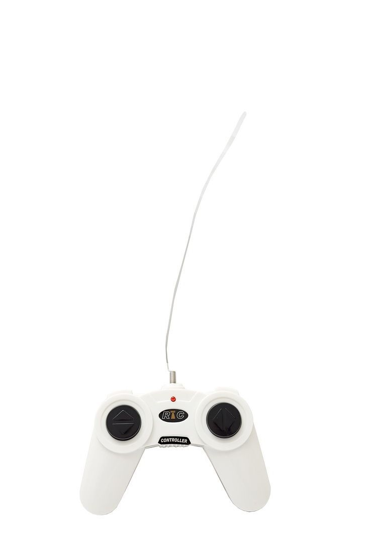 Biały kontroler RC z dwoma czarnymi joystickami i anteną.