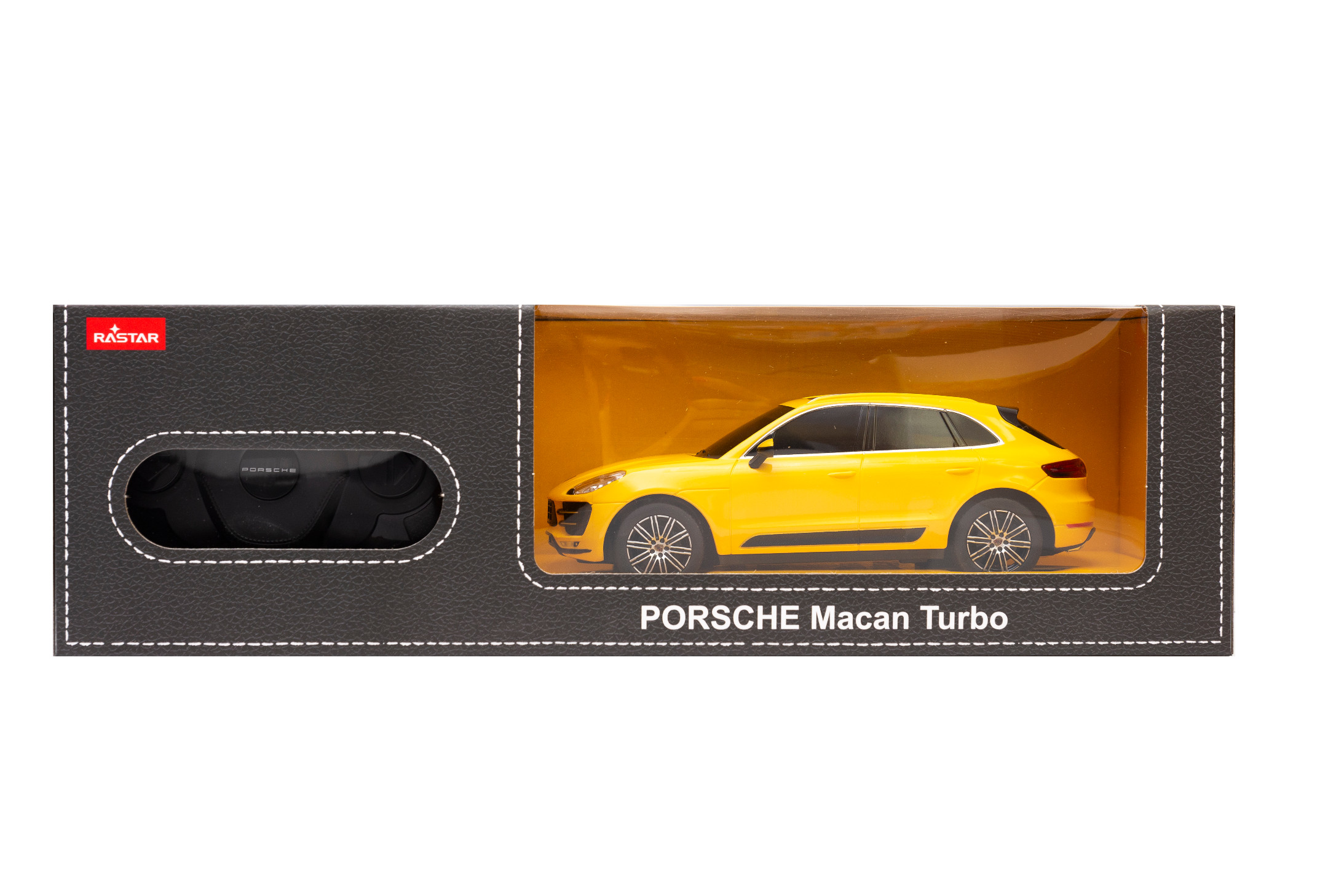 Żółty samochodzik Porsche Macan Turbo w czarnym opakowaniu.