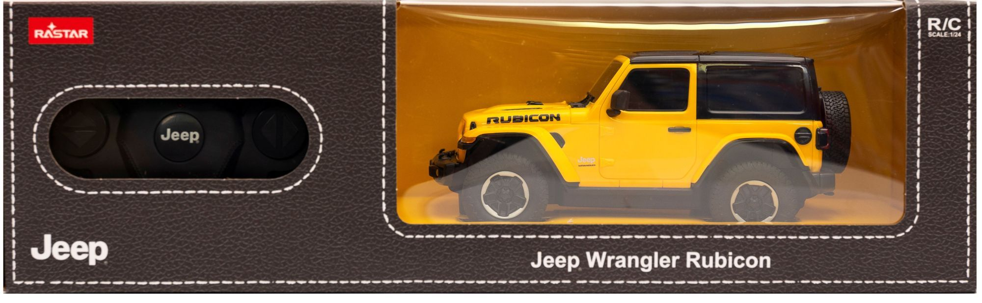 Żółty Jeep Wrangler Rubicon zabawkowy samochód z pilotem, w opakowaniu.
