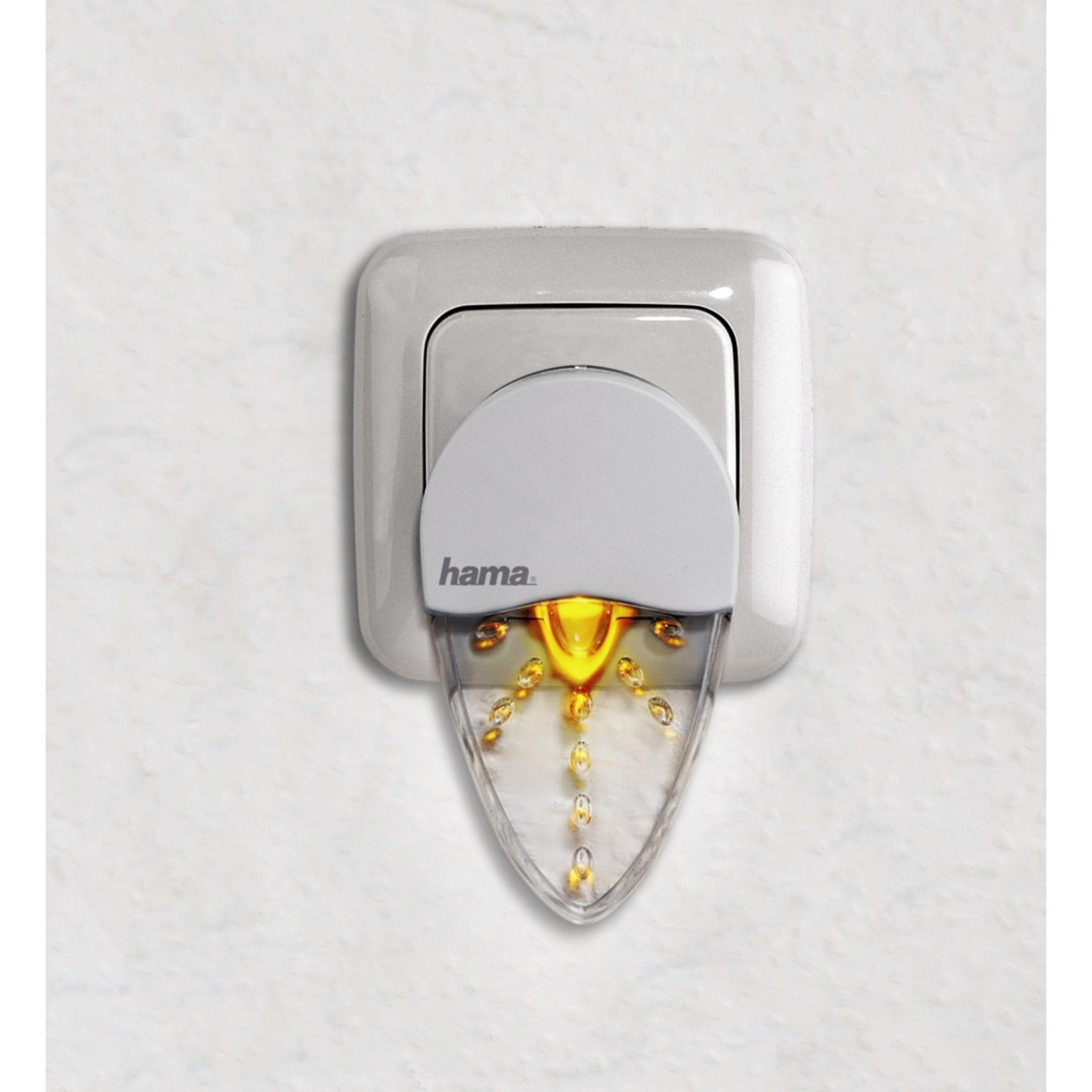 Ein weier Stecker mit einem durchsichtigen Aufsatz, der gelbe Lichter enthält.
