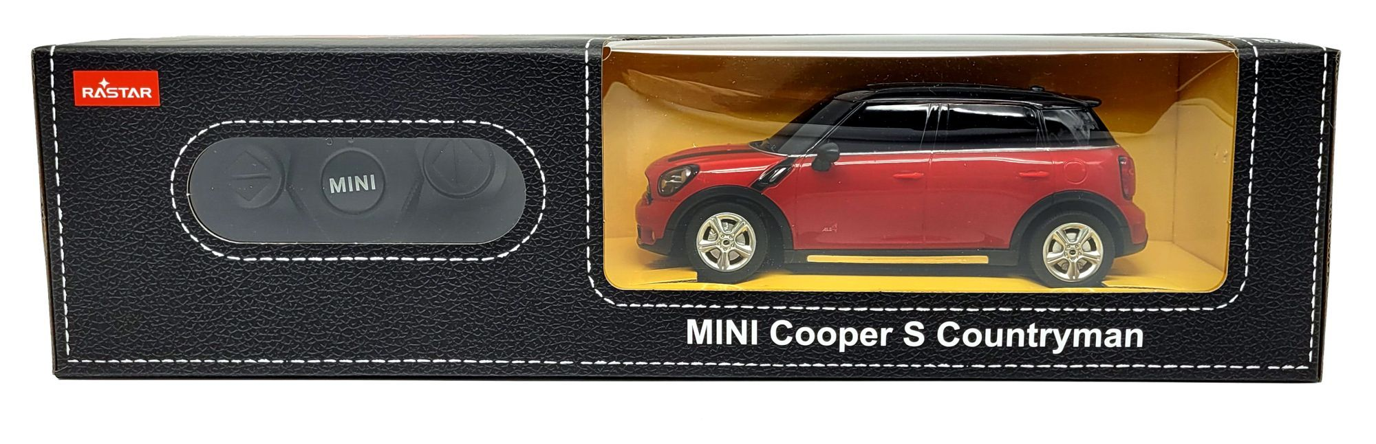 Czerwony samochodzik Mini Cooper S Countryman w czarnym opakowaniu z pilotem.