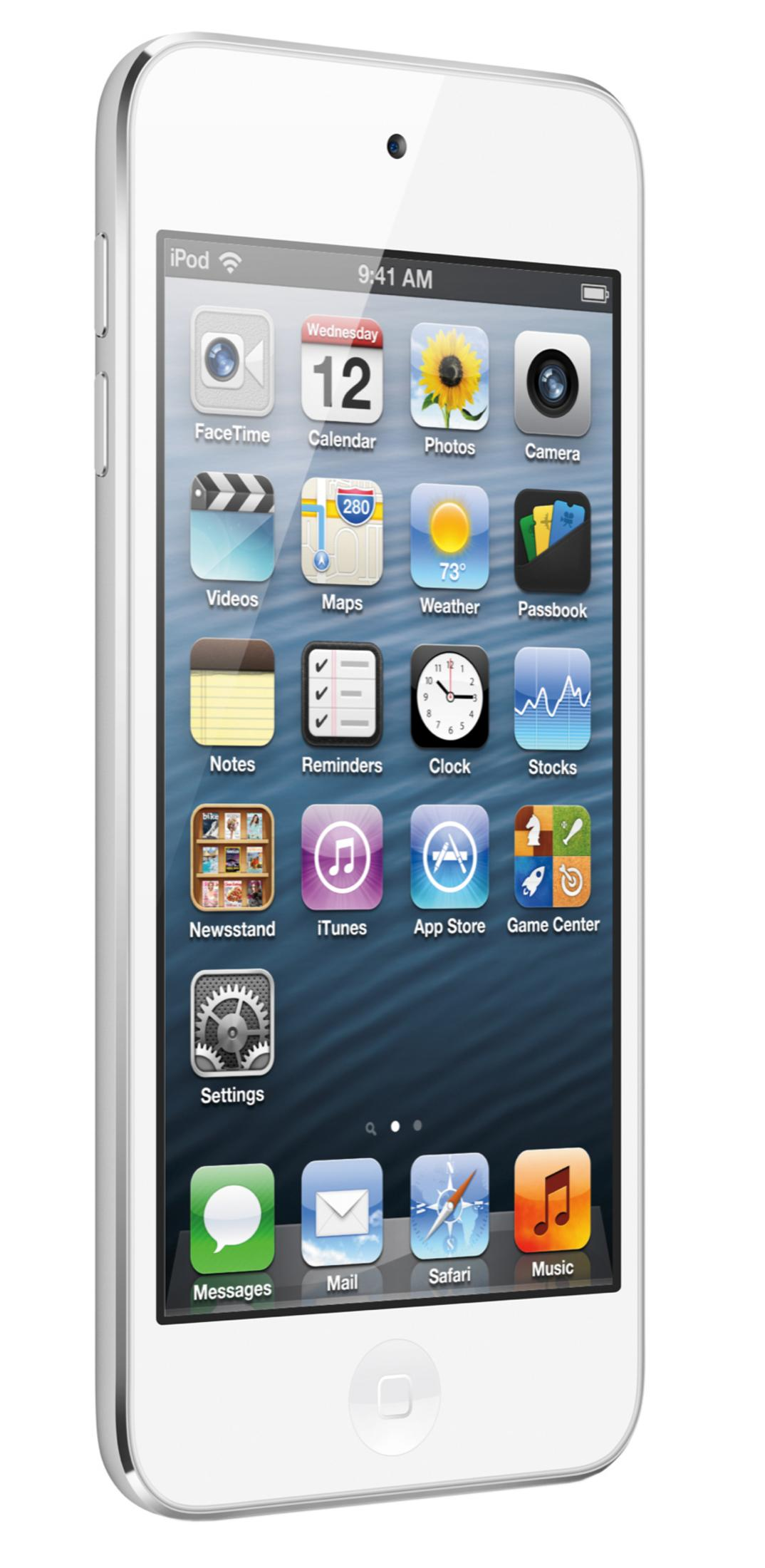 Ein weißes iPod Touch mit vielen App-Icons auf dem Bildschirm.