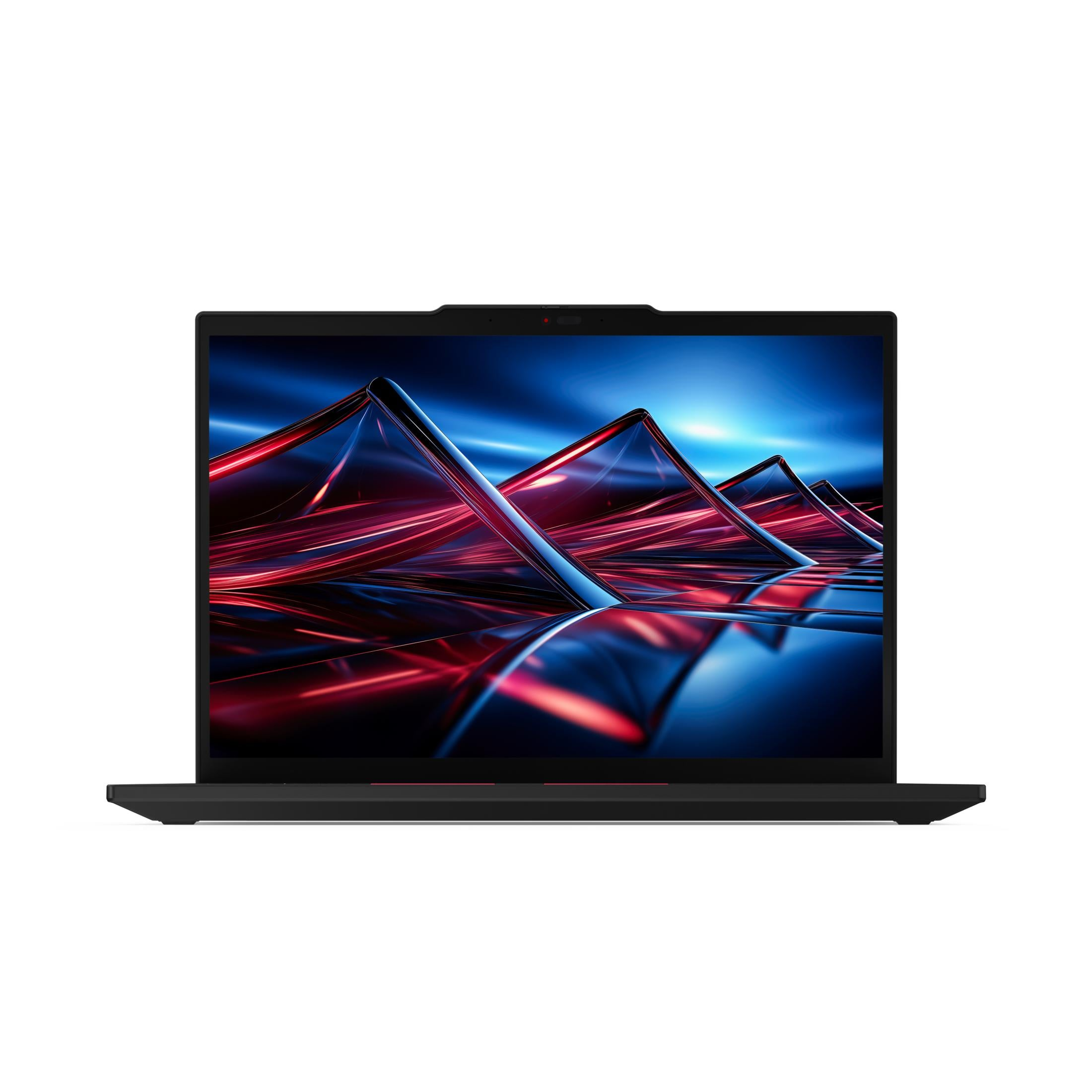Ein schwarzer Laptop mit einem abstrakten, roten und blauen Hintergrund.