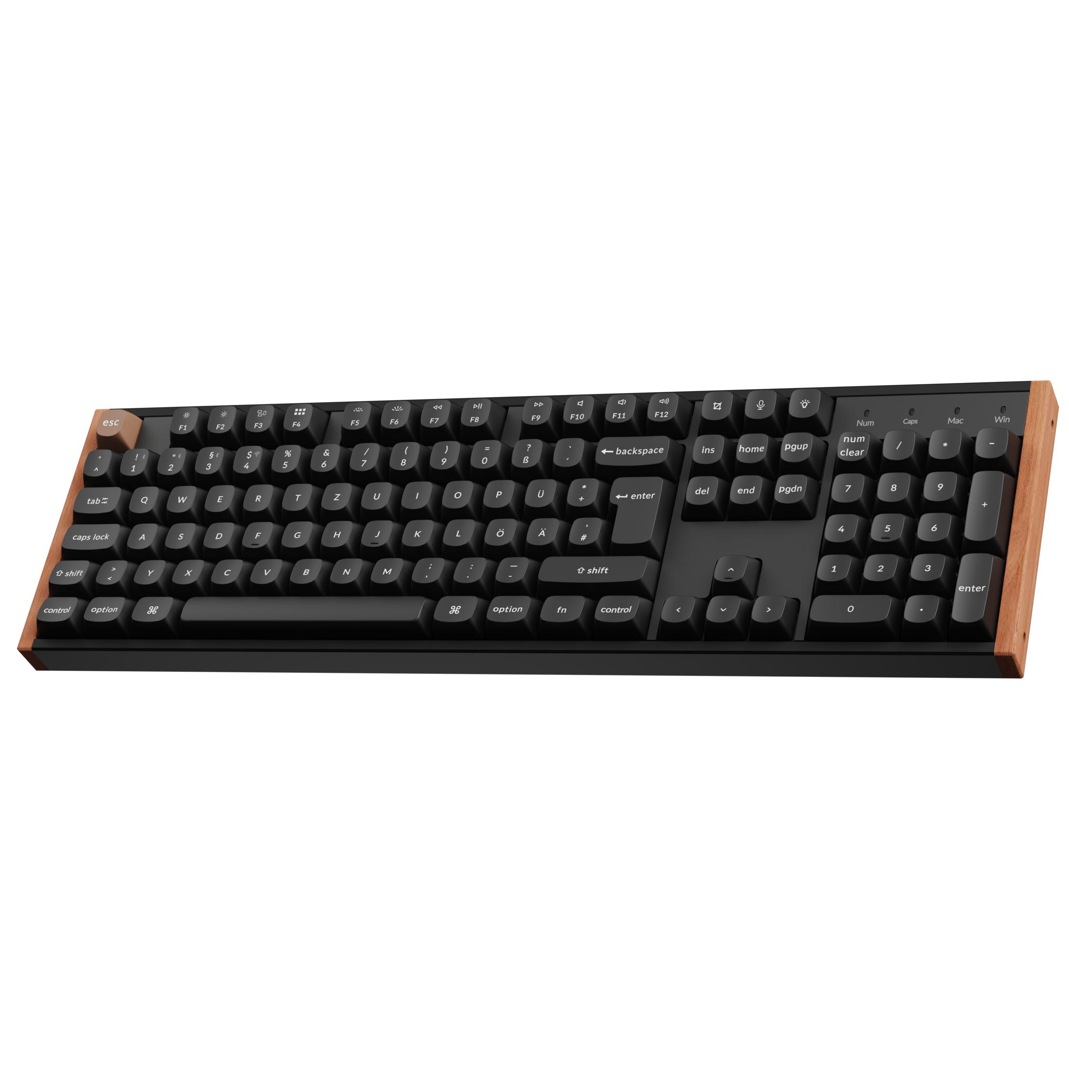Eine schwarze Tastatur mit Holzrand, Nahaufnahme der Tasten.