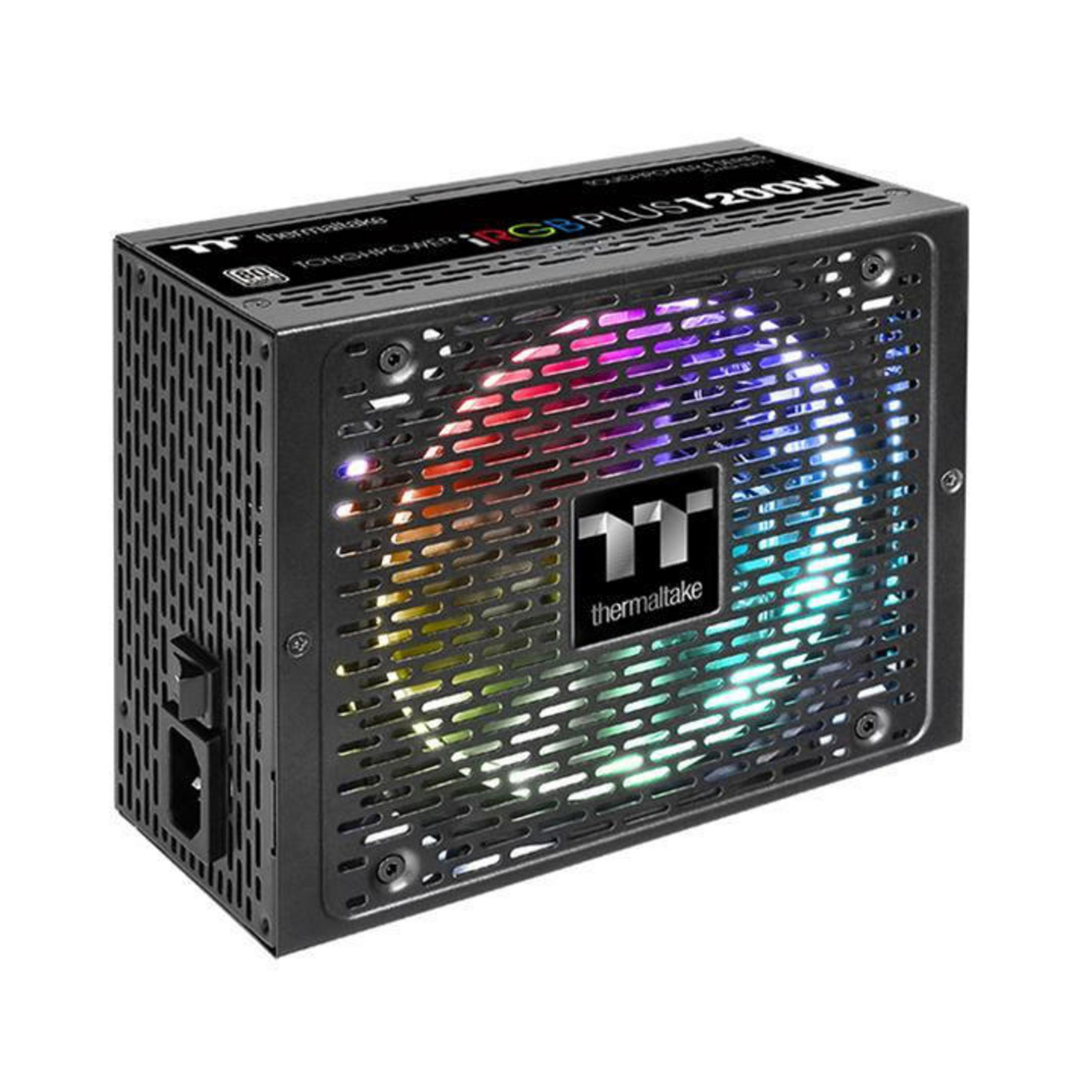 Schwarzes Thermaltake-Netzteil mit RGB-Lüfter. Text: 'TOUGHPOWER RGB PLUS 1200W'.