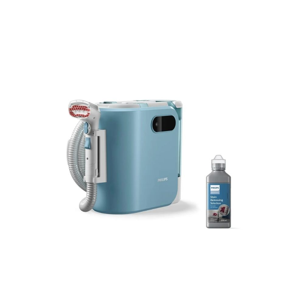 Hortumlu ve fırça başlıklı mavi Philips cihaz, leke çıkarıcı şişesinin yanında.